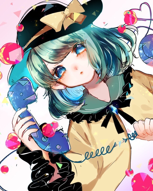 1girl @_@ black_bow black_bowtie black_headwear blue_eyes blue_headwear bow bowtie buttons cable circle collared_shirt commentary_request corded_phone diamond_button eyelashes fingernails frilled_sailor_collar frilled_sleeves frills green_hair green_sailor_collar hat hat_bow heart heart_of_string holding holding_cable holding_phone komeiji_koishi leaning_to_the_side light_blush long_sleeves looking_at_viewer medium_hair parted_lips phone pink_background sailor_collar shirt solo suzune_hapinesu third_eye touhou triangle two-sided_fabric two-sided_headwear upper_body wide_sleeves yellow_bow yellow_shirt yellow_sleeves