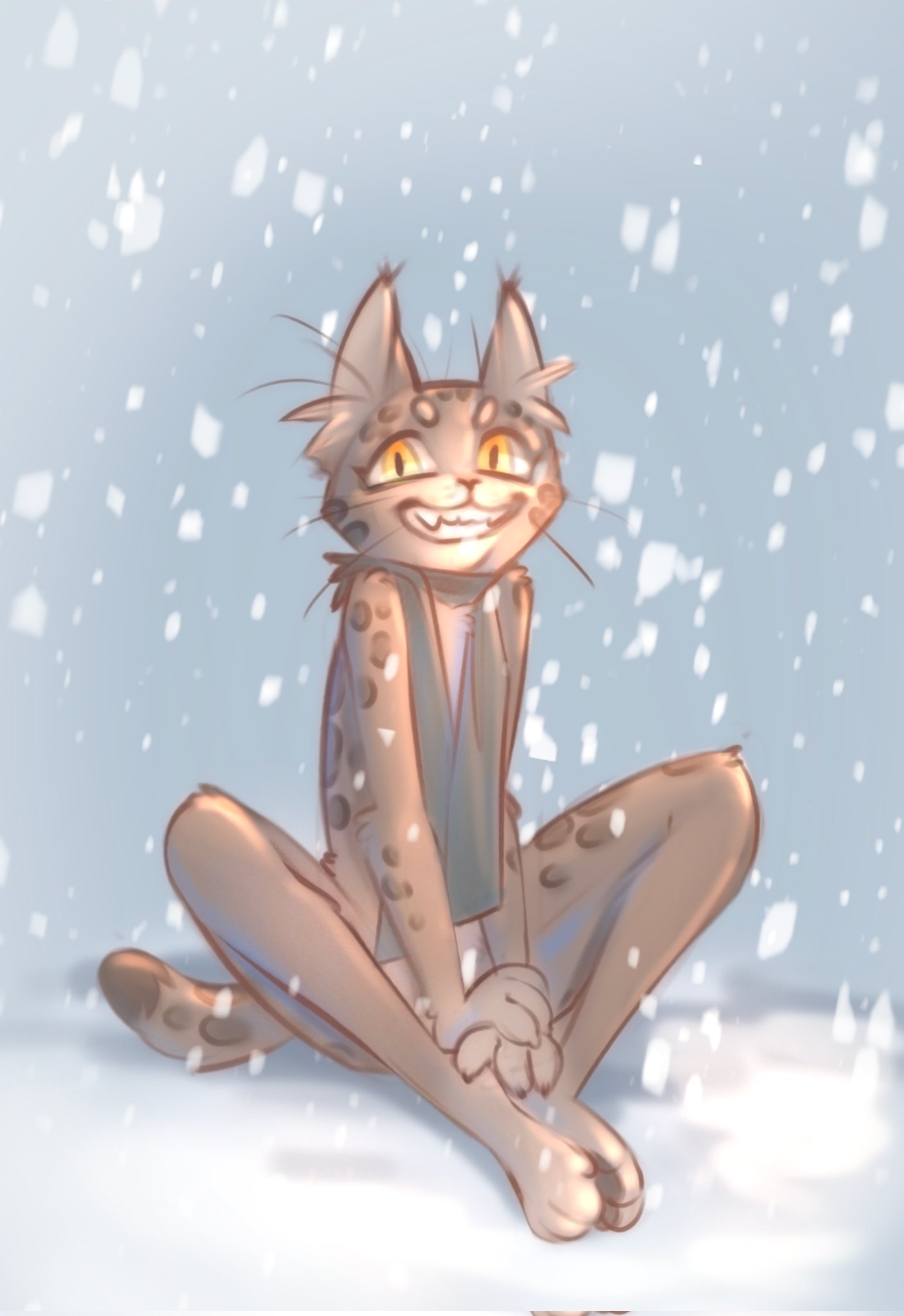 2023 anthro brown_body brown_fur digital_media_(artwork) felid fur grin hi_res looking_at_viewer mammal mostly_nude outside scarf scarf_only sitting smile snow snowing solo yellow_eyes yshanii