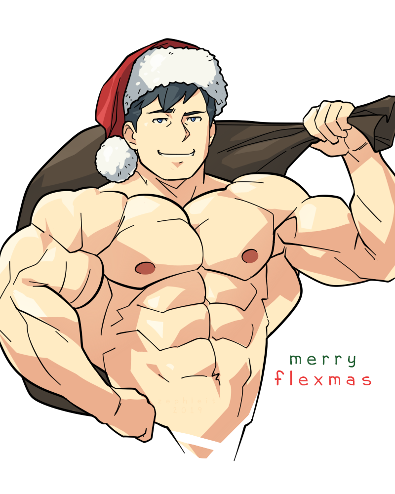 1boy abs bara christmas cropped_torso flexing_pecs gift_bag hat large_pectorals looking_at_viewer male_focus merry_christmas muscular muscular_male navel nipples nude original pectorals pun red_headwear santa_costume santa_hat short_hair smile solo stomach thick_eyebrows zephleit