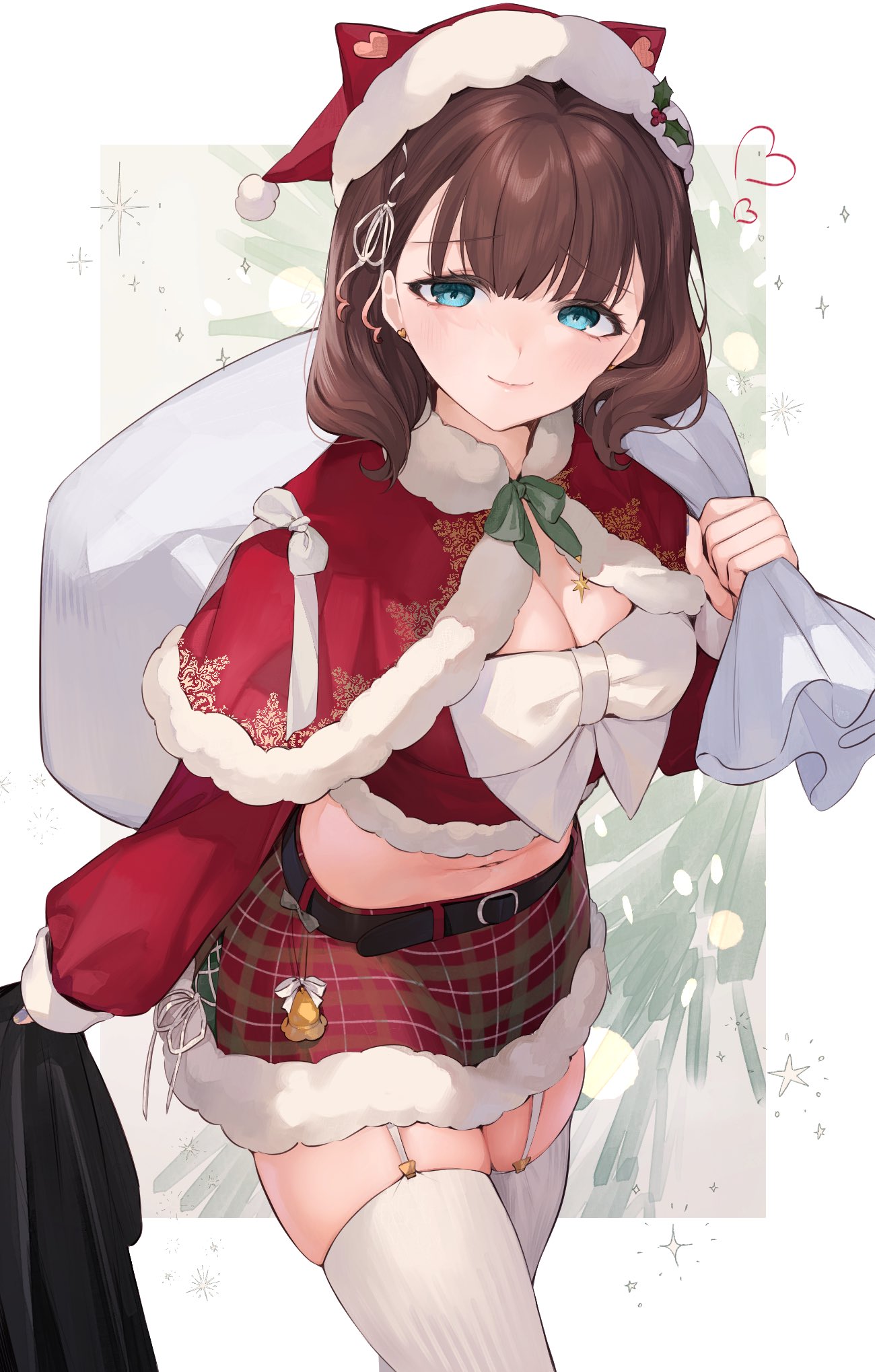 1girl blue_eyes blush breasts brown_hair capelet christmas cleavage fur-trimmed_capelet fur-trimmed_skirt fur-trimmed_sleeves fur_trim garter_straps hair_ribbon hat highres idolmaster idolmaster_cinderella_girls koyo_akio looking_at_viewer medium_breasts navel red_capelet red_headwear red_shirt red_skirt ribbon sack sakuma_mayu santa_costume santa_hat shirt short_hair skirt smile solo thighhighs thighs white_garter_straps white_thighhighs zettai_ryouiki