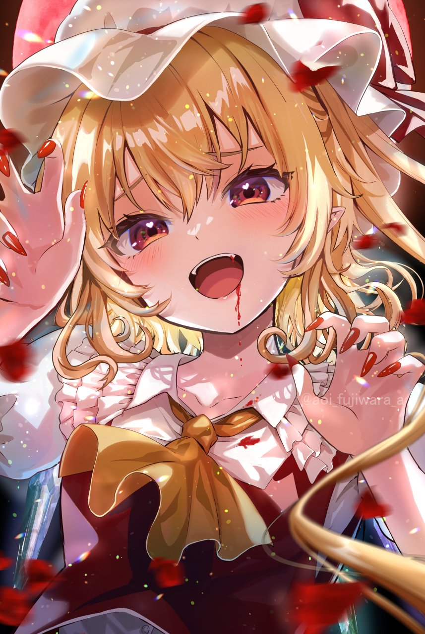1girl :d ascot blonde_hair blood blood_on_clothes blood_on_face blood_on_teeth blurry blush bow claw_pose commentary crossed_bangs depth_of_field eyelashes falling_petals fangs fingernails flandre_scarlet floating_clothes floating_hair frilled_shirt_collar frills fujiwara_aoi hair_between_eyes hands_up happy hat hat_bow heart heart_in_eye highres long_fingernails long_hair looking_at_viewer lovestruck mob_cap moon open_mouth petals pointy_ears red_bow red_eyes red_moon red_nails red_vest rose_petals sharp_fingernails shirt side_ponytail smile solo symbol_in_eye teeth touhou twitter_username upper_body upper_teeth_only vampire vest white_headwear white_shirt yellow_ascot