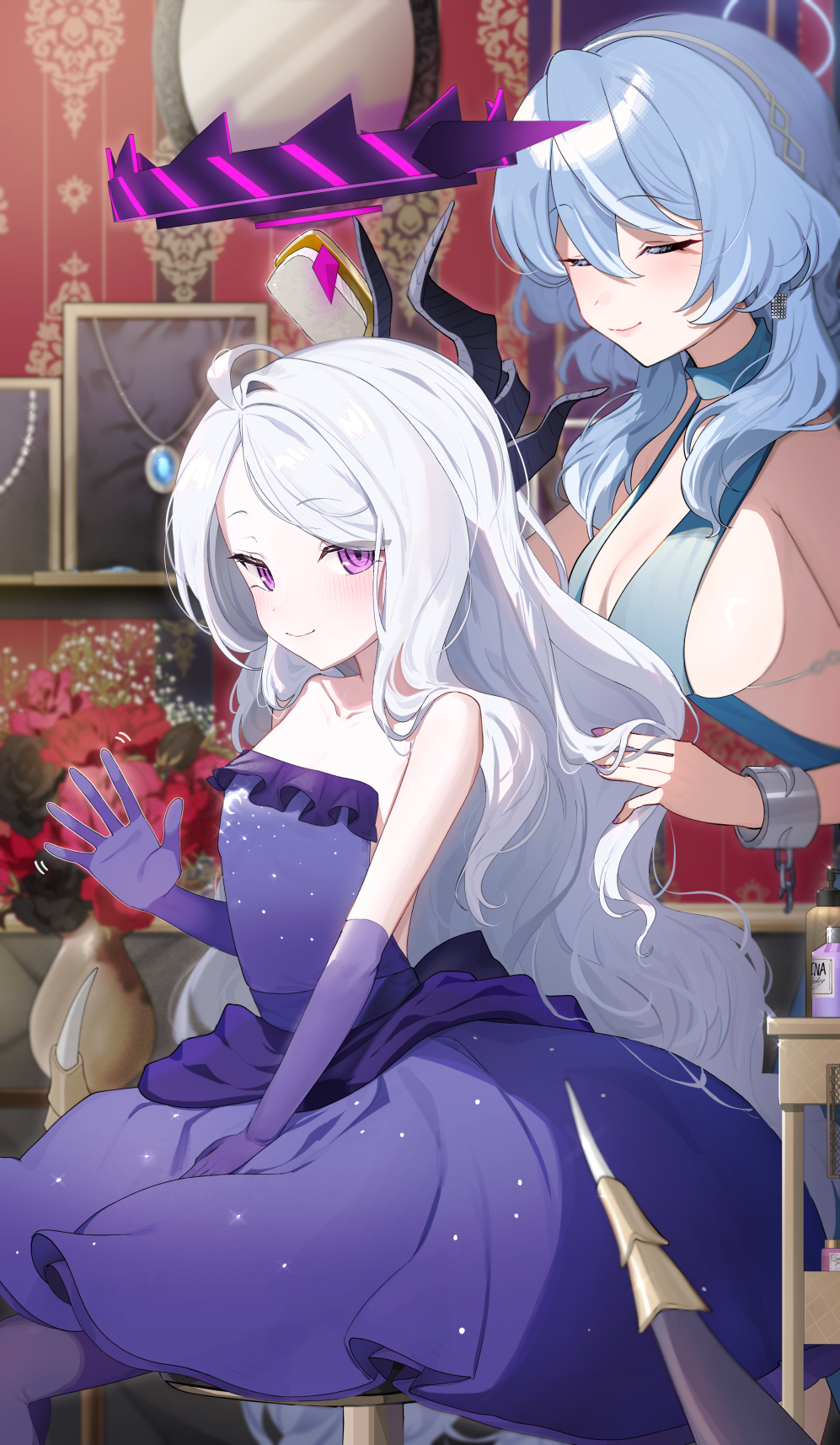 2girls adjusting_another's_hair ahoge ako_(blue_archive) ako_(dress)_(blue_archive) blue_archive blue_dress blue_hair blush breasts cleavage closed_eyes cuffs demon_horns dress elbow_gloves fingernails flat_chest gloves grey_hair hair_brush halo highres hina_(blue_archive) hina_(dress)_(blue_archive) horns indoors jewelry large_breasts looking_at_viewer mirror multiple_girls nail_polish necklace official_alternate_costume oomabiblogo2 purple_dress purple_gloves shackles sideless_dress sideways_glance sitting smile standing strapless strapless_dress unworn_jewelry unworn_necklace waving_arms