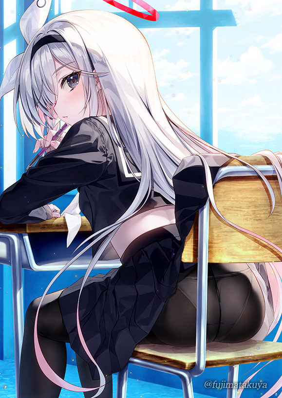 1girl ass black_eyes black_hairband black_pantyhose black_serafuku black_shirt black_skirt blue_archive chair collarbone from_behind fujima_takuya hair_ribbon hairband halo holding holding_pen long_hair long_sleeves looking_at_viewer looking_back midriff on_chair panties panties_under_pantyhose pantyhose pen plana_(blue_archive) pleated_skirt red_halo red_pupils ribbon school_uniform serafuku shirt sitting skirt solo table underwear white_hair white_panties white_ribbon