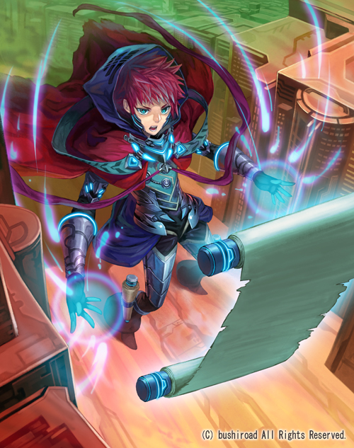 armor armored_boots blue_eyes boots building cape cardfight!!_vanguard company_name eloquence_revenger_glonn gloves hood male_focus official_art open_mouth red_hair scroll solo teeth terumii