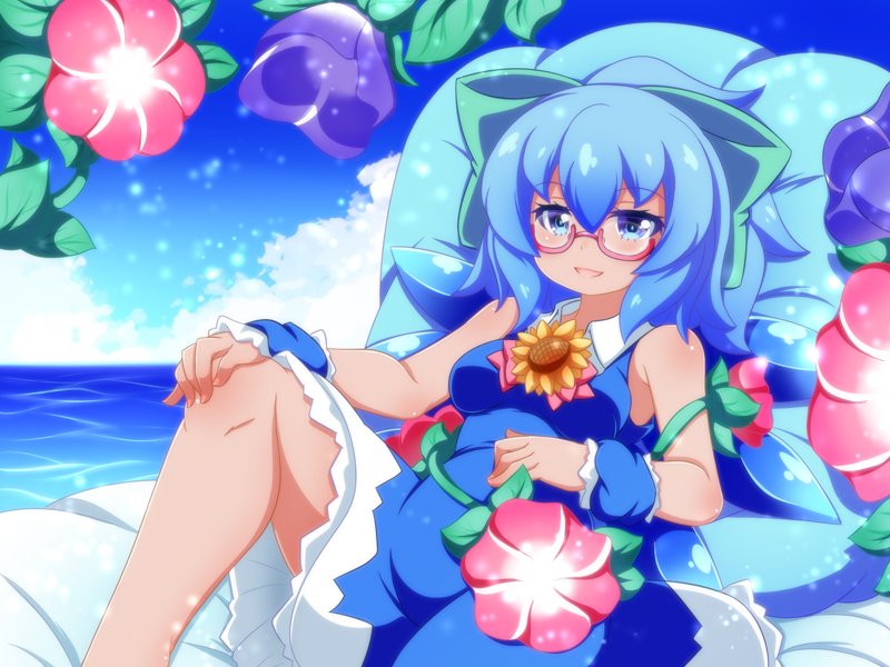 bangs bare_shoulders bespectacled blue_dress blue_eyes blue_hair blue_sky blush bow breasts cirno cloud commentary_request day dress flower glasses green_bow hair_bow looking_at_viewer morning_glory oborotsuki_kakeru ocean parted_lips red-framed_eyewear semi-rimless_eyewear sitting sky sleeveless sleeveless_dress small_breasts smile solo sunflower tan touhou under-rim_eyewear wrist_cuffs