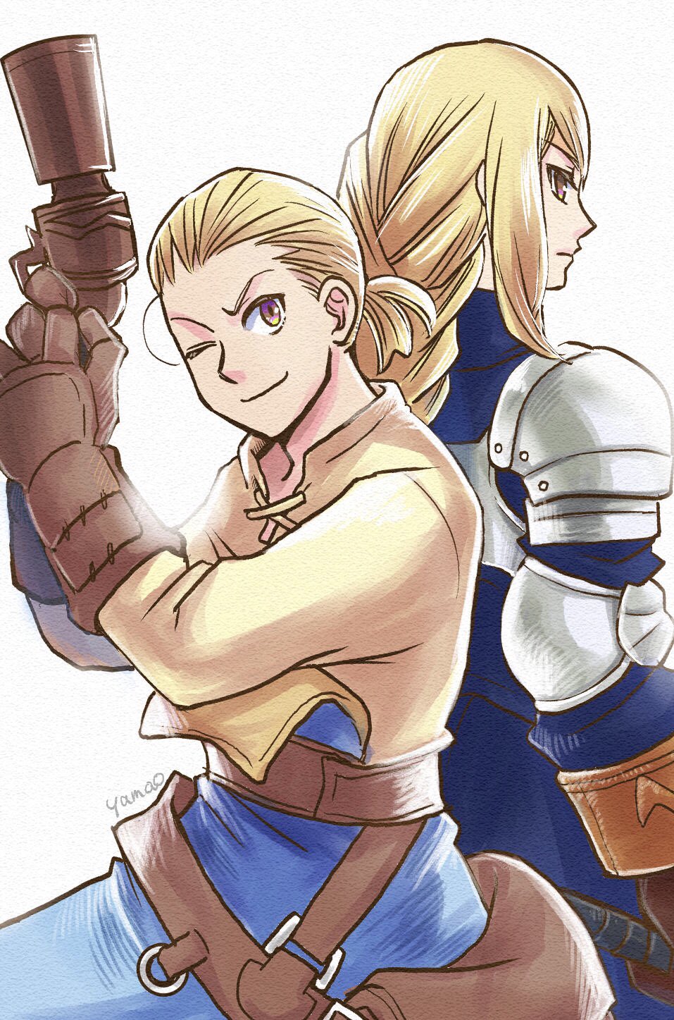 1boy 1girl agrias_oaks armor artist_name back-to-back belt blonde_hair blue_pants braid breastplate brown_gloves final_fantasy final_fantasy_tactics gloves gun highres holding holding_weapon looking_at_viewer mustadio_bunansa nose one_eye_closed pants ponytail shirt shoulder_armor simple_background smile sword upper_body weapon yamao105 yellow_eyes yellow_shirt