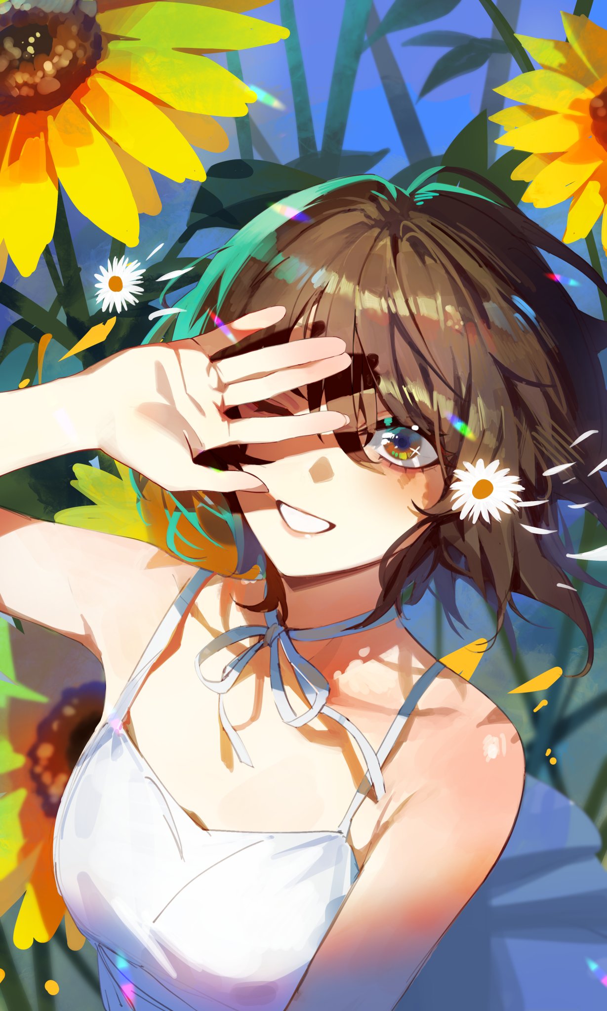1girl bare_shoulders breasts brown_eyes brown_hair choker daisy day dress flower grin hair_between_eyes hand_over_eye highres looking_at_viewer maenoo one_eye_closed open_mouth original ribbon_choker short_hair sleeveless sleeveless_dress small_breasts smile solo standing sundress sunflower teeth white_choker white_dress