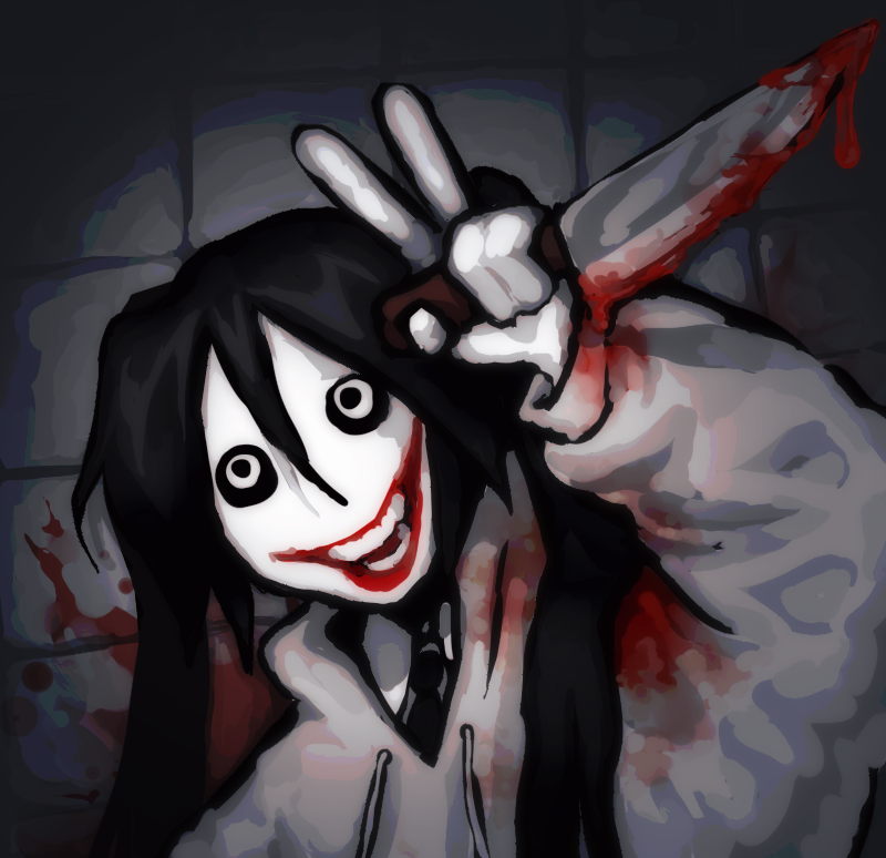 1girl alternate_costume alternate_hair_color black_eyes black_hair blood blood_on_wall blood_on_weapon creepypasta grey_hoodie hatsune_miku holding holding_knife hood hoodie jeff_the_killer knife lobotoloid pale_skin red_lips solo twintails v vocaloid weapon