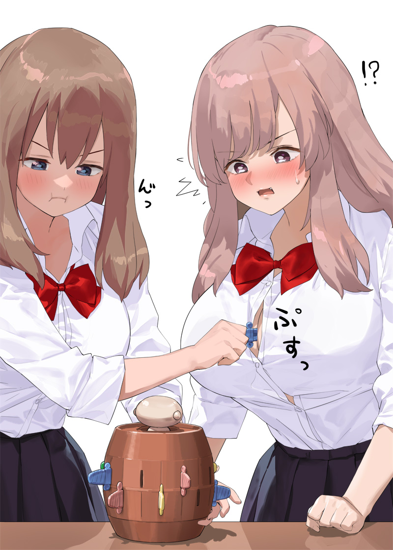 !? 2girls :t ^^^ between_breasts black_skirt blue_eyes blush bow bowtie breasts brown_hair button_gap collared_shirt commentary_request kaisen_chuui large_breasts long_hair multiple_girls original pleated_skirt pout red_bow red_bowtie school_uniform shirt simple_background skirt white_background white_shirt