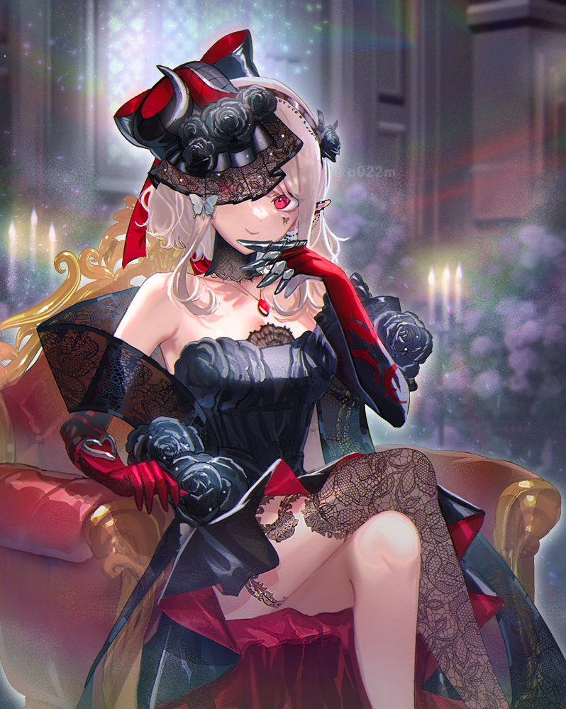 1girl armchair bare_shoulders black_dress blurry blurry_background breasts brown_hair candle candlestand chair closed_mouth crossed_legs detached_collar dress elbow_gloves elu_(nijisanji) feet_out_of_frame finger_claws gloves hairband hand_up indoors jewelry kojijima lace_thighhighs looking_at_viewer medium_breasts medium_hair necklace nijisanji pointy_ears red_eyes red_gloves sidelocks single_thighhigh sitting smile solo strapless strapless_dress thighhighs twitter_username virtual_youtuber watermark