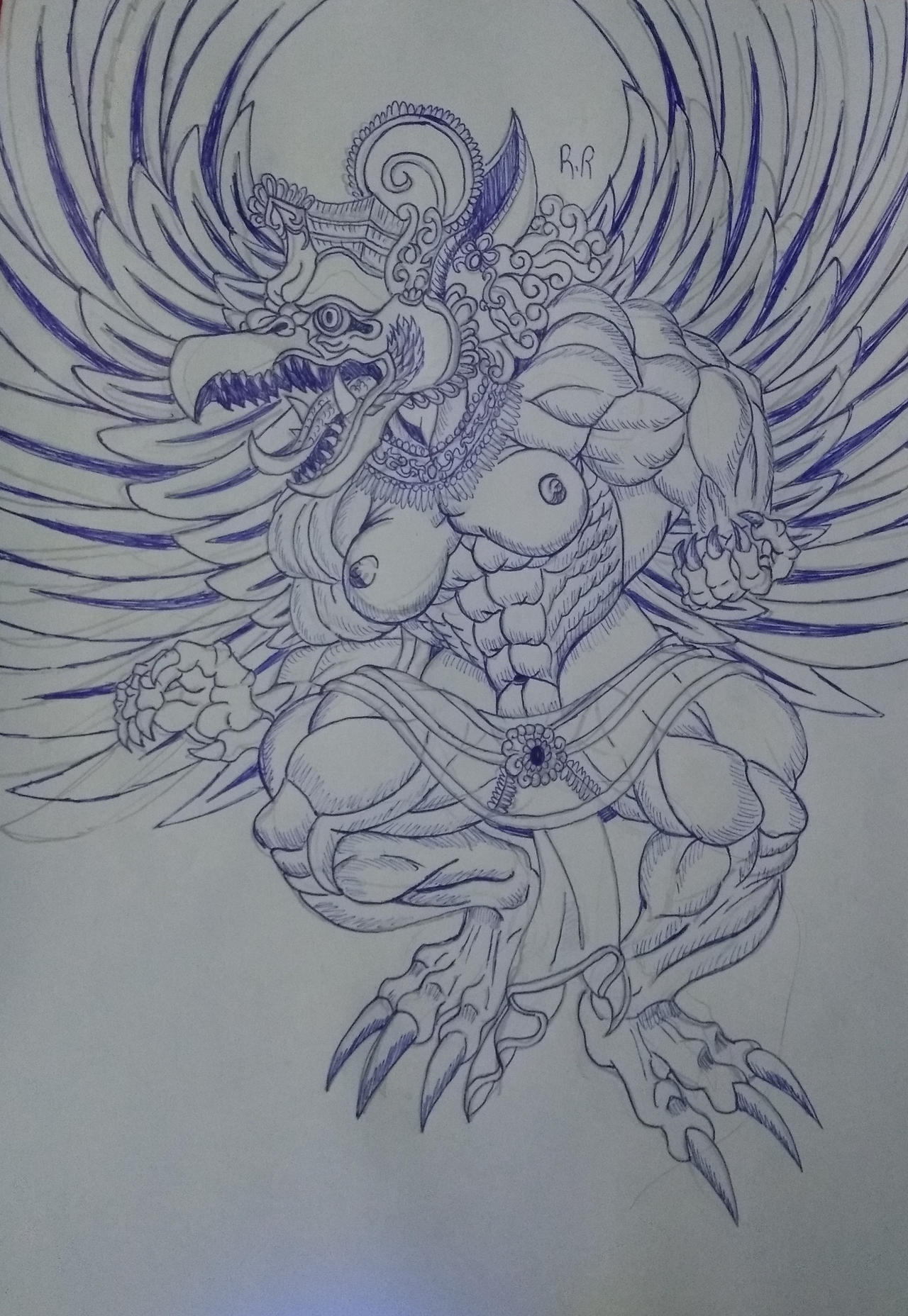 abs anthro asian_mythology avian bare_skin black_and_white bottomwear breasts clawed_feet clawed_fingers claws clothed clothing crossgender curled_hair female garuda hair headgear headwear hi_res hindu_mythology humanoid jewelry loincloth long_claws long_talons monochrome muscular muscular_arms muscular_female muscular_legs muscular_thighs mythology navel necklace nipples open_mouth partially_clothed ryukuro sharp_teeth showing_chest showing_teeth signature skimpy skirt solo teeth toe_claws tongue tongue_out topless traditional_media_(artwork) tusks winged_humanoid wings