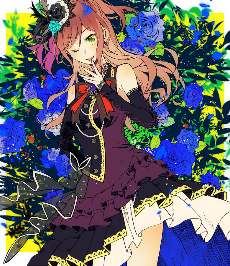 1girl ;d aqua_flower bang_dream! bangs black_feathers black_flower blue_flower blue_rose brooch brown_hair choker detached_sleeves dress earrings feathers floral_background flower grey_feathers hair_feathers hair_flower hair_ornament half_updo hand_on_hip hand_to_own_mouth imai_lisa jewelry lace lace-trimmed_sleeves lace_choker long_hair looking_at_viewer neck_ribbon one_eye_closed open_mouth pearl purple_feathers red_neckwear ribbon rose smile solo twitter_username yuki_(t128)