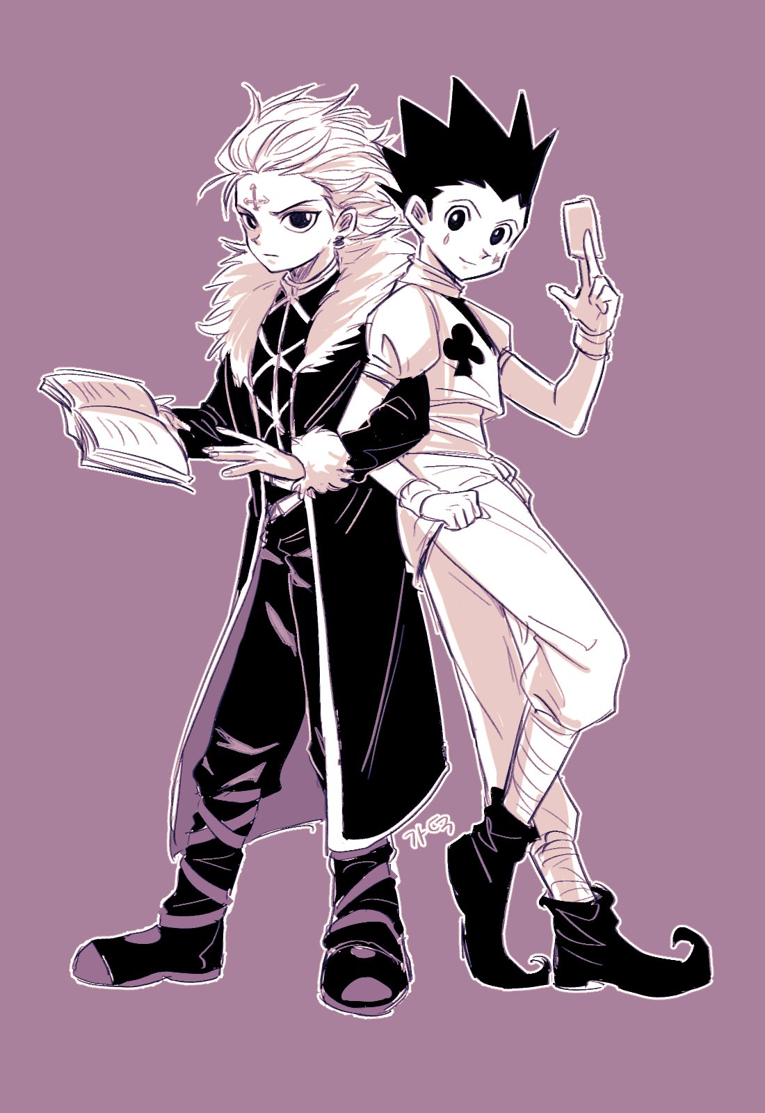 2boys between_fingers book card chrollo_lucilfer chrollo_lucilfer_(cosplay) closed_mouth coat cosplay cropped_jacket cross cross-laced_clothes earrings facial_mark forehead_mark full_body fur-trimmed_coat fur-trimmed_sleeves fur_trim gon_freecss hair_slicked_back hand_up hashtag_only_commentary highres hisoka_morow hisoka_morow_(cosplay) holding holding_book holding_card hunter_x_hunter jacket jewelry killua_zoldyck locked_arms long_sleeves looking_at_viewer male_focus multiple_boys open_book outline pointy_footwear print_jacket puffy_short_sleeves puffy_sleeves purple_background purple_theme seuyugye short_hair short_sleeves simple_background smile spiked_hair standing star_(symbol) star_facial_mark teardrop_facial_mark widow's_peak wrist_cuffs