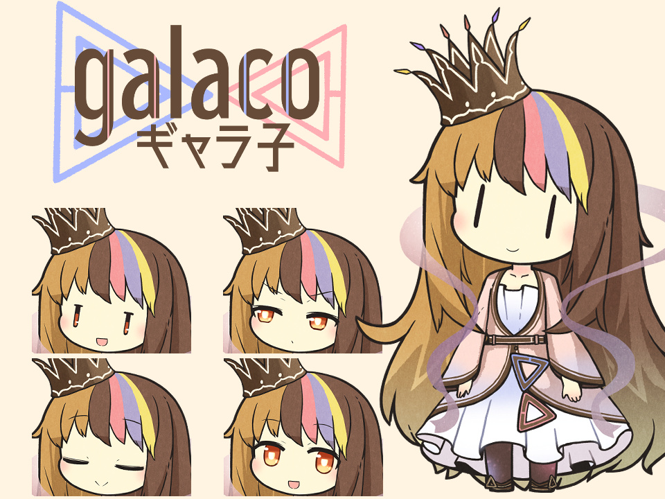 1girl akihiyo blonde_hair blue_hair brown_hair character_name chibi closed_eyes closed_mouth confused crown dress galaco light_blush long_hair looking_at_viewer looking_to_the_side mob_face multicolored_hair open_mouth orange_eyes orange_hair pink_hair smile solo standing streaked_hair tachi-e variations very_long_hair vocaloid