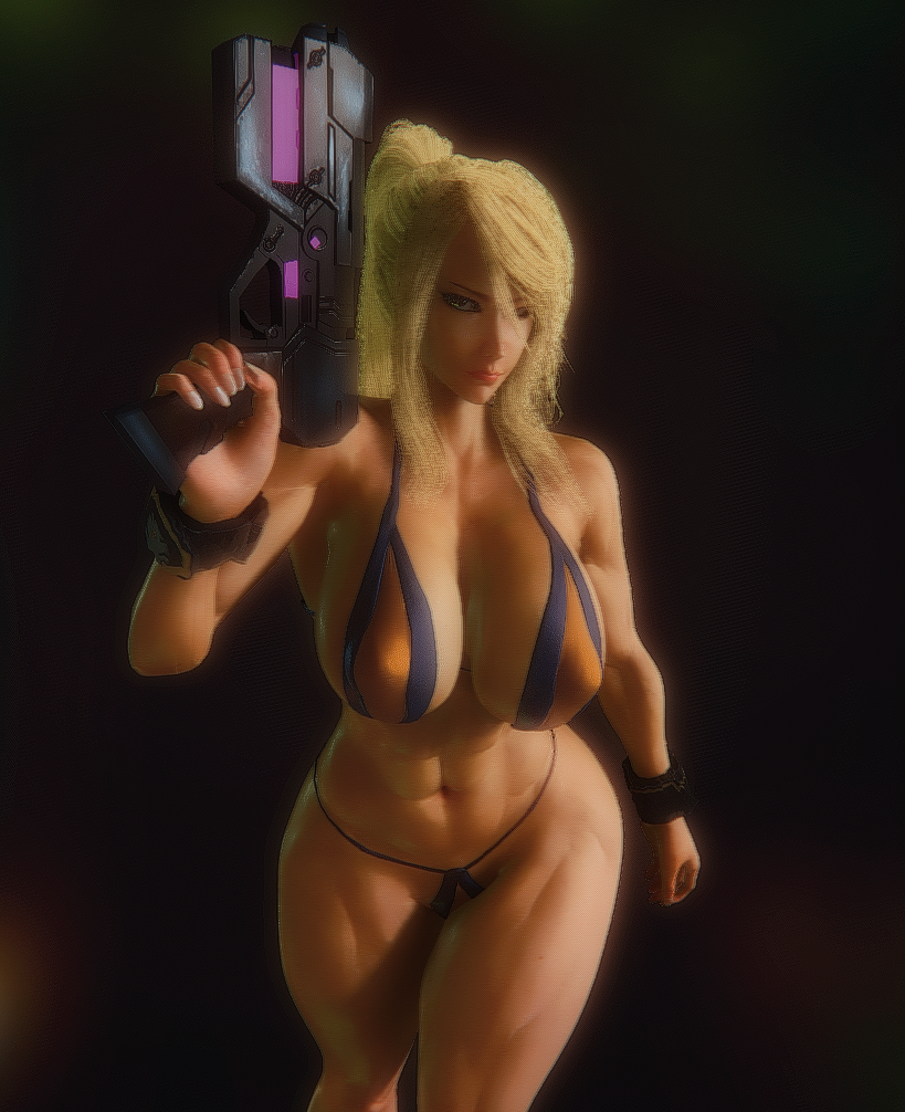 1girl 3d abs bikini breasts gun handgun large_breasts muscular muscular_female non-web_source samus_aran stickpad swimsuit thick_thighs thighs virt-a-mate weapon