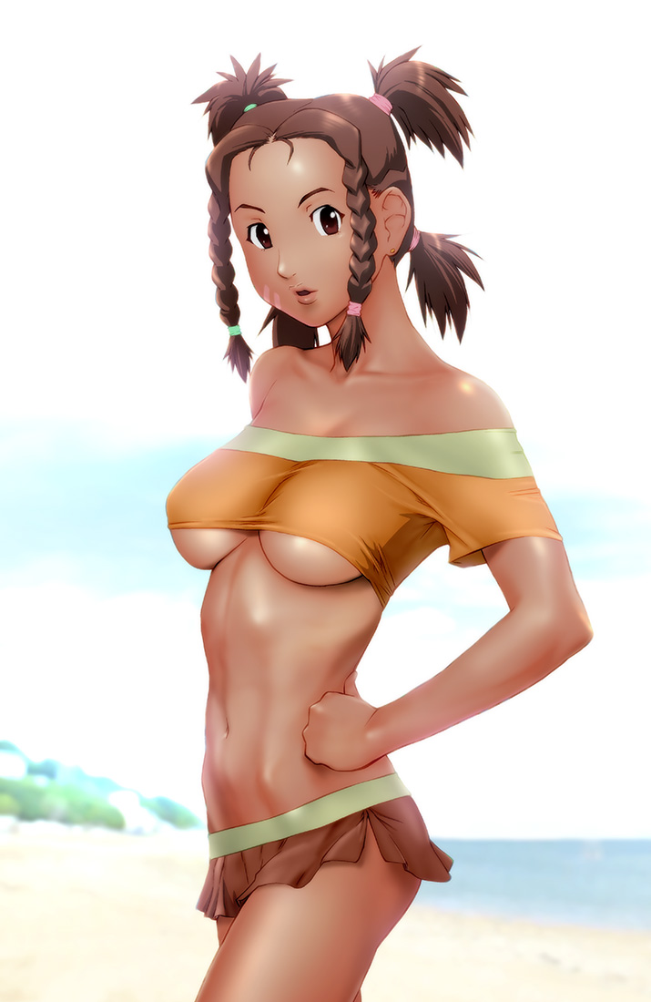 1girl bare_shoulders beach braid breasts brown_eyes brown_hair collarbone commentary_request crop_top dark-skinned_female dark_skin hand_on_own_hip long_hair looking_at_viewer medium_breasts midriff moonbay navel no_bra ocean open_mouth revision short_shorts shorts solo standing twin_braids ueyama_michirou underboob zoids zoids_chaotic_century