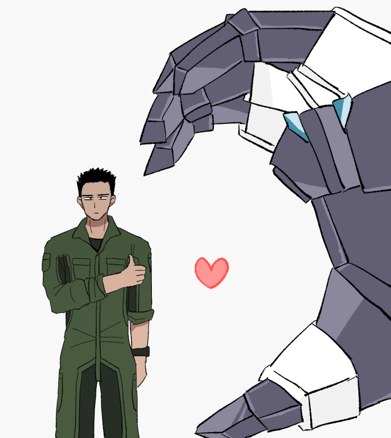 2boys ao_isami black_hair bravern closed_mouth half-heart_hands heart heart_hands_failure looking_at_viewer multiple_boys out_of_frame pilot_suit simple_background size_difference smdq_1114s standing thumbs_up watch white_background wristwatch yuuki_bakuhatsu_bang_bravern