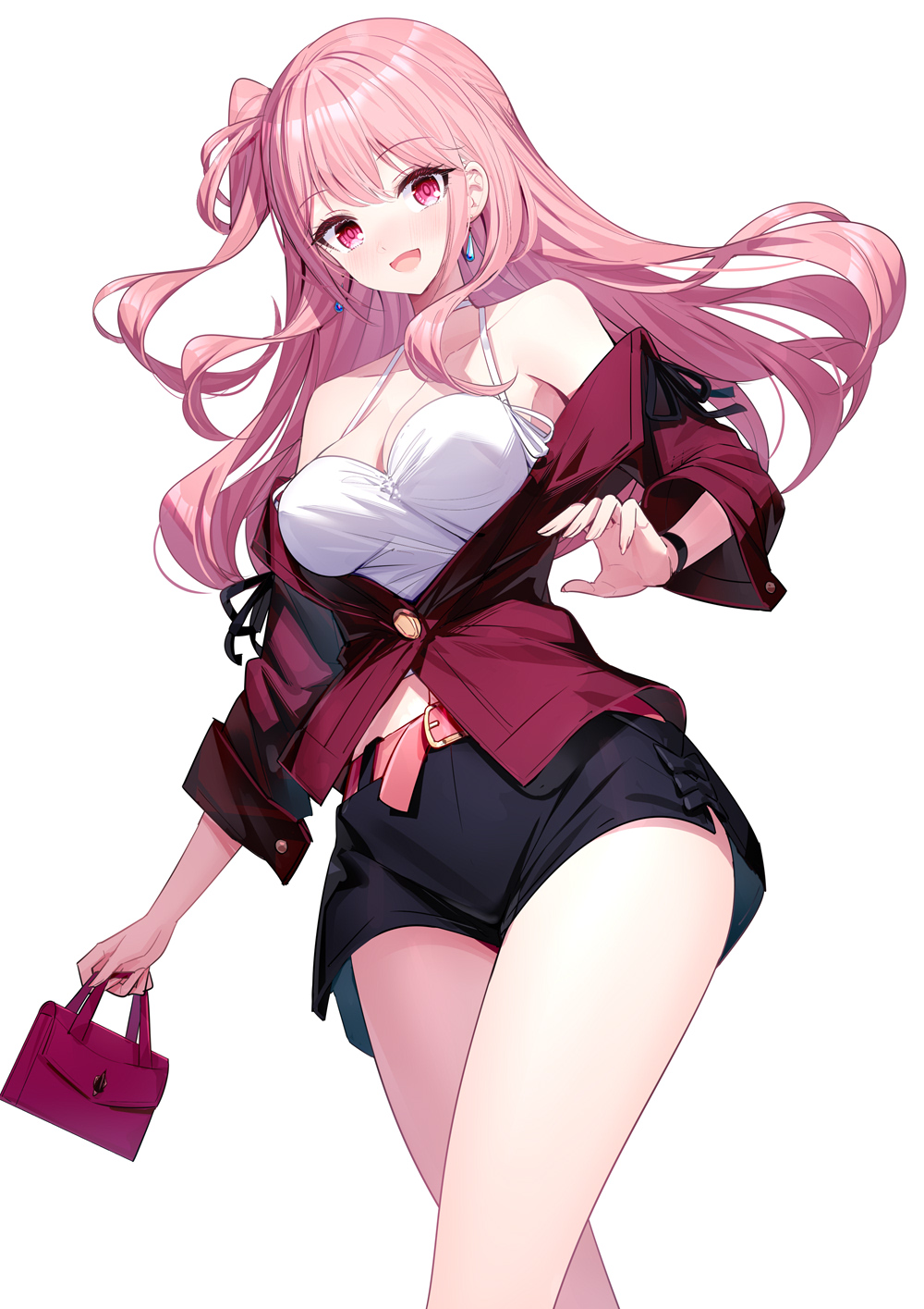 1girl :d bag bare_shoulders belt belt_buckle black_shorts breasts buckle camisole cleavage commentary_request earrings emily_stock floating_hair handbag highres holding holding_bag jacket jewelry long_hair long_sleeves looking_at_viewer medium_breasts navel off_shoulder one_side_up open_clothes open_jacket original pink_belt pink_hair red_eyes red_jacket ririko_(zhuoyandesailaer) short_shorts shorts simple_background smile solo very_long_hair white_background white_camisole