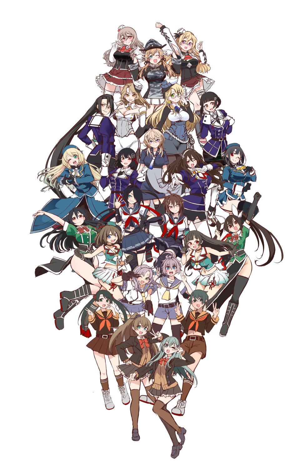 absurdly_long_hair ahoge alternate_legwear anchor_hair_ornament aoba_(kancolle) aqua_eyes aqua_hair ascot ashigara_(kancolle) ashigara_kai_ni_(kancolle) atago_(kancolle) back-to-back bare_shoulders belt beret black_belt black_footwear black_gloves black_hair black_neckerchief black_pantyhose black_ribbon black_sailor_collar black_skirt black_socks black_thighhighs blazer blonde_hair blue_eyes blue_hair blue_headwear blue_jacket blue_shirt blue_skirt blunt_bangs bob_cut bodice boots bow bowtie braid braided_bun breasts brown_cardigan brown_eyes brown_hair brown_jacket brown_sailor_collar brown_serafuku brown_shirt brown_skirt brown_socks brown_thighhighs camouflage cardigan choukai_(kancolle) choukai_kai_ni_(kancolle) collared_shirt commentary_request crop_top cross-laced_footwear detached_collar detached_sleeves double_bun double_v elbow_gloves french_braid frilled_skirt frills full_body furutaka_(kancolle) furutaka_kai_ni_(kancolle) garter_straps gloves glowing glowing_eye gradient_neckerchief green_eyes grey_eyes grey_hair grey_headwear haguro_(kancolle) haguro_kai_ni_(kancolle) hair_bun hair_ornament hair_over_one_eye hairband hairclip hat height_difference heterochromia highres houston_(kancolle) houston_kai_(kancolle) jacket kako_(kancolle) kako_kai_ni_(kancolle) kantai_collection kinugasa_(kancolle) kinugasa_kai_ni_(kancolle) lace-up_boots large_breasts light_brown_hair long_hair looking_at_viewer looking_back maya_(kancolle) maya_kai_ni_(kancolle) medium_breasts medium_hair messy_hair mikuma_(kancolle) mikuma_kai_ni_(kancolle) military_uniform mini_hat miniskirt mogami_(kancolle) mogami_kai_ni_(kancolle) multicolored_neckerchief multiple_girls myoukou_(kancolle) myoukou_kai_ni_(kancolle) nachi_(kancolle) nachi_kai_ni_(kancolle) naval_uniform neckerchief northampton_(kancolle) northampton_kai_(kancolle) one_eye_closed open_mouth orange_bow orange_bowtie orange_neckerchief orange_sailor_collar overskirt pantyhose parted_bangs peaked_cap pencil_skirt pleated_skirt pola_(kancolle) ponytail prinz_eugen_(kancolle) prinz_eugen_kai_(kancolle) purple_hair purple_jacket purple_sailor_collar purple_shorts purple_skirt red_ascot red_bow red_bowtie red_eyes red_footwear red_neckerchief red_skirt revision ribbon rope round_teeth rudder_footwear sailor_collar sailor_shirt school_uniform semi-rimless_eyewear serafuku shirt short_hair shorts side_ponytail simple_background single_elbow_glove single_hair_bun single_thighhigh skirt skirt_hold smile socks standing suzuya_(kancolle) takao_(kancolle) teeth thigh_gap thighhighs tomboy tuscaloosa_(kancolle) twintails two-tone_gloves udukikosuke uniform upper_teeth_only v v_over_eye very_long_hair wavy_hair white_ascot white_background white_gloves white_hairband white_headwear white_pantyhose white_sailor_collar white_shirt white_skirt white_thighhighs yellow_eyes yellow_neckerchief zara_(kancolle) zara_due_(kancolle)