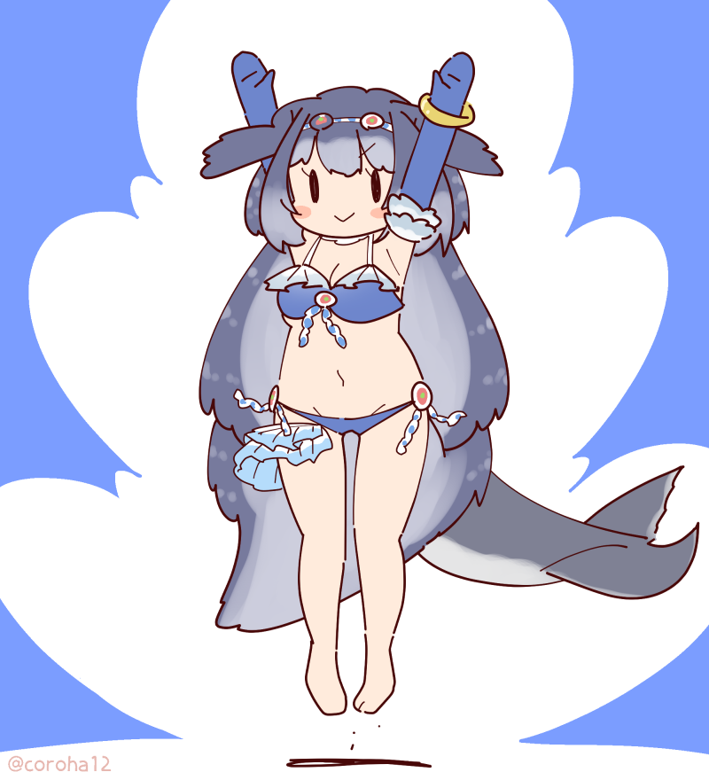 1girl arms_up bikini blue_background blue_bikini bracelet choker coroha elbow_gloves fins frills full_body gloves grey_hair hair_ornament head_fins jewelry jumping kemono_friends long_hair looking_at_viewer navel simple_background solo steller's_sea_cow_(kemono_friends) swimsuit tail