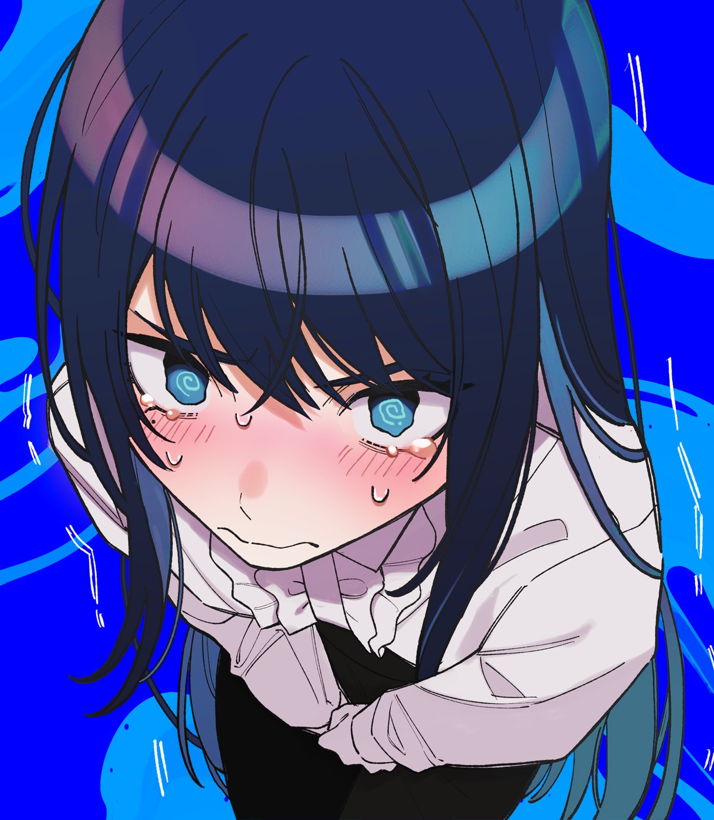 1girl @_@ ado_(utaite) black_pants blue_background blue_eyes blue_hair blush center_frills chando_(ado) closed_mouth cloud_nine_inc collared_shirt commentary dress_shirt foreshortening frills from_above gloves hair_between_eyes have_to_pee highres long_hair long_sleeves looking_at_viewer looking_up mole mole_under_eye nervous_sweating pants riseno shadow shirt sidelocks solo sweat utaite very_long_hair wavy_mouth white_gloves white_shirt