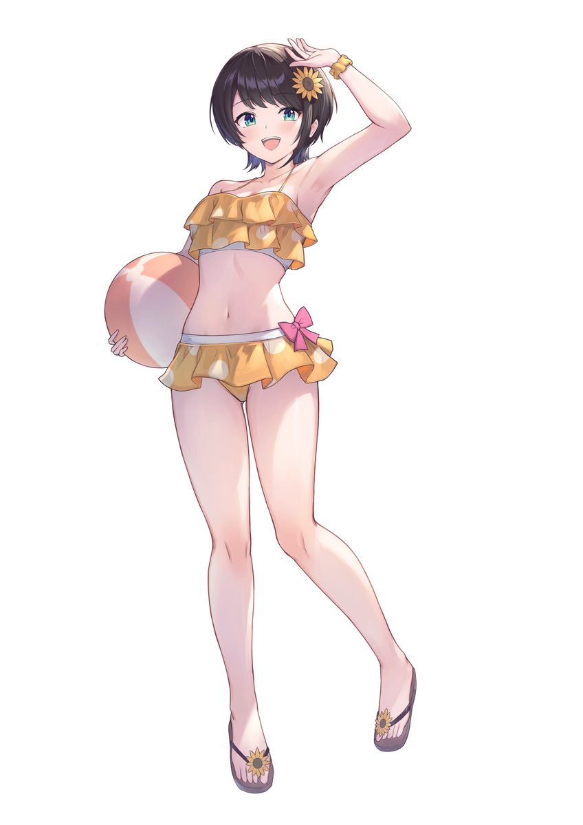 1girl ball beachball bikini bikini_skirt black_hair blue_eyes flower frilled_bikini frills hair_flower hair_ornament hololive looking_at_viewer navel oozora_subaru polka_dot polka_dot_bikini sandals scrunchie short_hair simple_background solo sunflower swept_bangs swimsuit tokisaka_makoto virtual_youtuber white_background wrist_scrunchie yellow_scrunchie