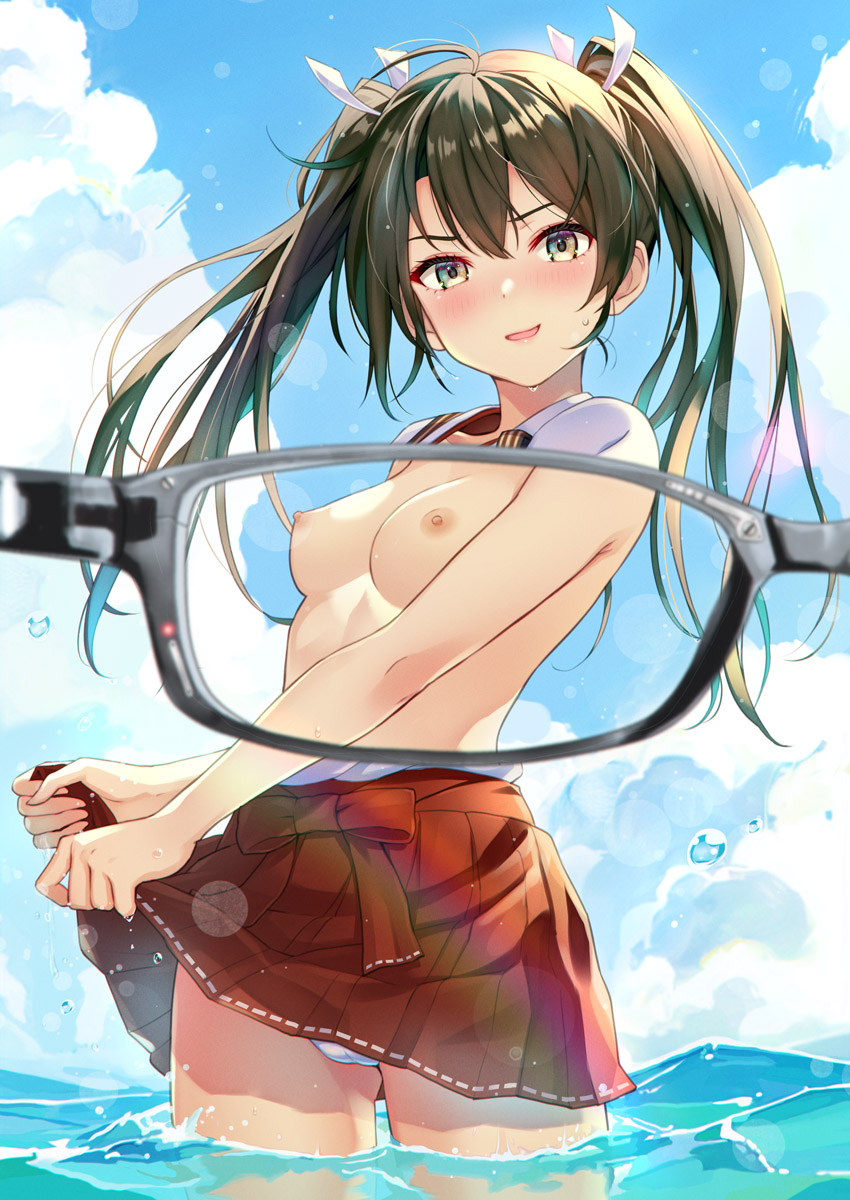 1girl blush commentary_request drying drying_clothes glasses green_hair grey-framed_eyewear hair_ribbon hakama hakama_short_skirt hakama_skirt highres in_water japanese_clothes kanden_sky kantai_collection long_hair looking_at_viewer miko nipples ocean open_mouth panties pantyshot partially_submerged pov ribbon shallow_water skirt standing twintails underwear upper_body water wet wet_clothes wet_hair white_panties white_ribbon x-ray_glasses x-ray_vision yellow_eyes zuikaku_(kancolle)