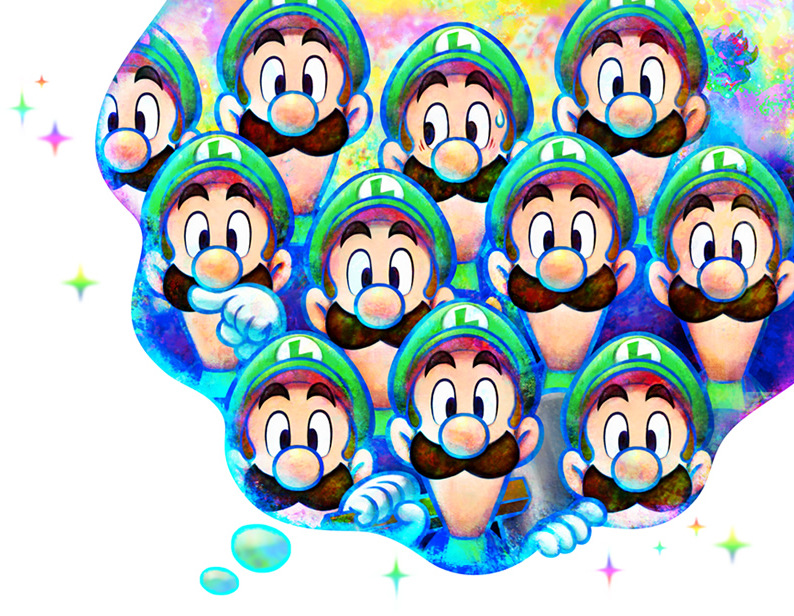 6+boys artist_request big_nose black_eyes blue_overalls brown_hair cabbie_hat clone gloves green_headwear green_sleeves hammer hat holding holding_hammer long_sleeves looking_at_viewer looking_to_the_side luigi male_focus mario_&amp;_luigi:_dream_team mario_&amp;_luigi_rpg mario_(series) multiple_boys muscular official_art over_shoulder overalls short_hair simple_background sparkle straight-on sweatdrop thick_eyebrows thought_bubble upper_body very_short_hair weapon weapon_over_shoulder white_background white_gloves