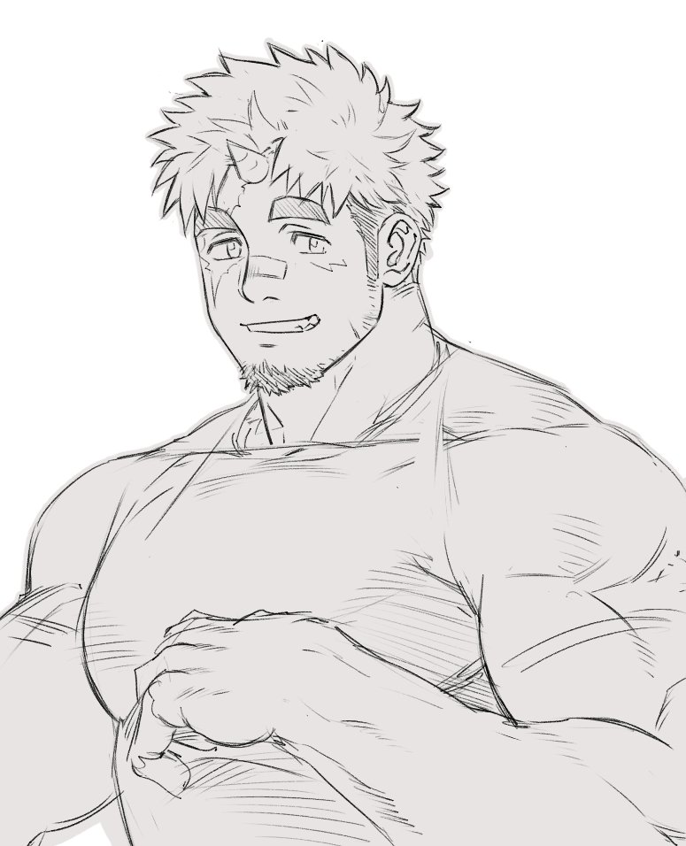 1boy akiha_gongen_(housamo) bandaid bandaid_on_face bandaid_on_nose bara ch1du facial_hair goatee greyscale horns huge_eyebrows large_pectorals looking_at_viewer male_focus medium_sideburns monochrome muscular muscular_male pectorals scar scar_on_cheek scar_on_face short_hair sideburns sideburns_stubble single_horn solo stubble thick_eyebrows tokyo_afterschool_summoners