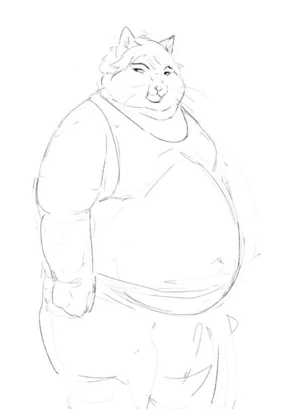 anthro belly_overhang cettus clothing dewlap_(anatomy) domestic_cat double_chin felid feline felis hair male mammal moobs morbidly_obese morbidly_obese_male natan_osorio_suarez obese obese_male overweight overweight_male shirt sketch solo tank_top topwear