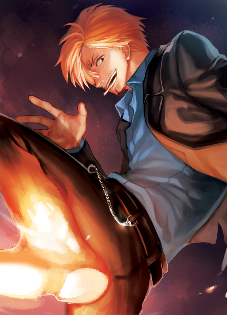 1boy black_eyes black_necktie blonde_hair blue_shirt chain chain_belt cigarette commentary curly_eyebrows english_commentary facial_hair fire formal goatee hair_over_one_eye male_focus mouth_hold necktie one_eye_covered one_piece open_clothes open_mouth sanji_(one_piece) shirt short_hair skfnvk12 smile smoke solo suit