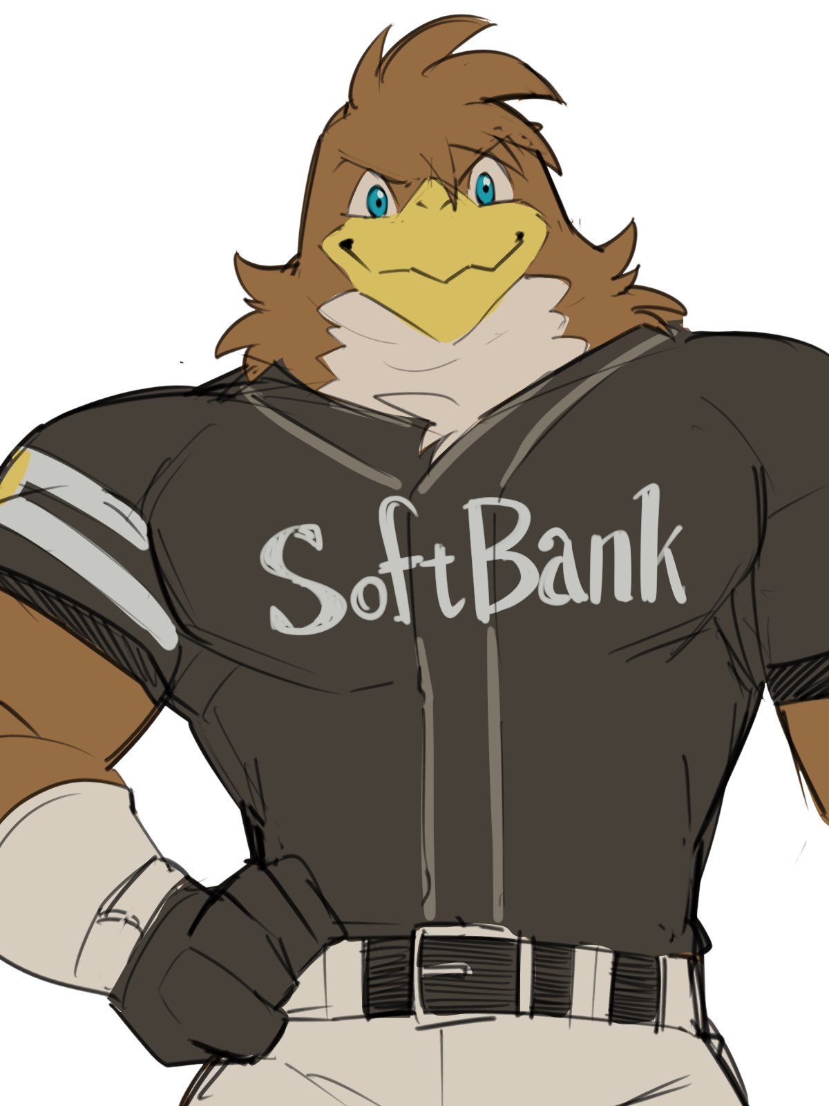 accipitrid accipitriform anthro avian baseball baseball_uniform beak belt biceps bird blue_eyes bottomwear brown_body clothing feathers fukuoka_softbank_hawks gloves handwear herculy_hawk hi_res male muscular muscular_anthro muscular_male nippon_professional_baseball pants pecs pectoral_bulge shirt solo sportswear topwear tos_tos_f_ski uniform waist_up