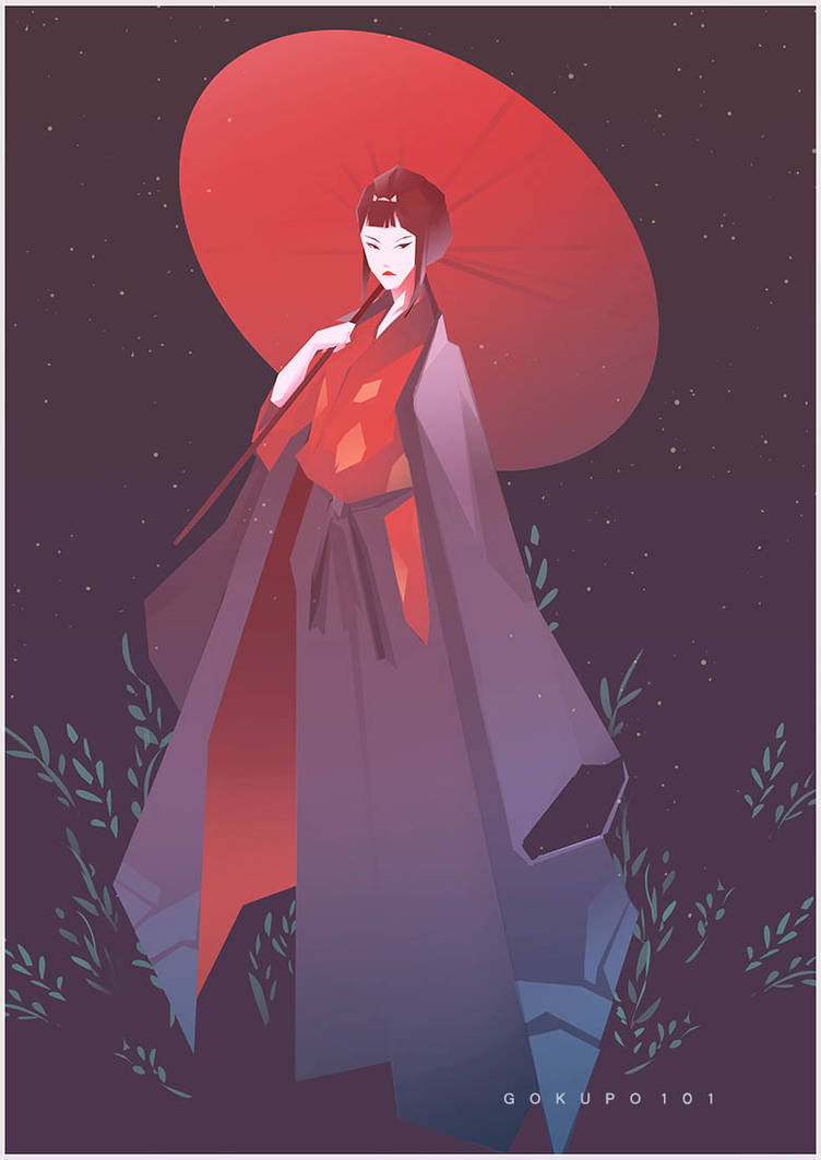 1girl blue_hakama eboshi english_commentary full_body gokupo101 hair_bun hakama hakama_pants haori holding holding_umbrella japanese_clothes kimono mononoke_hime pants plant red_kimono sidelocks umbrella watermark