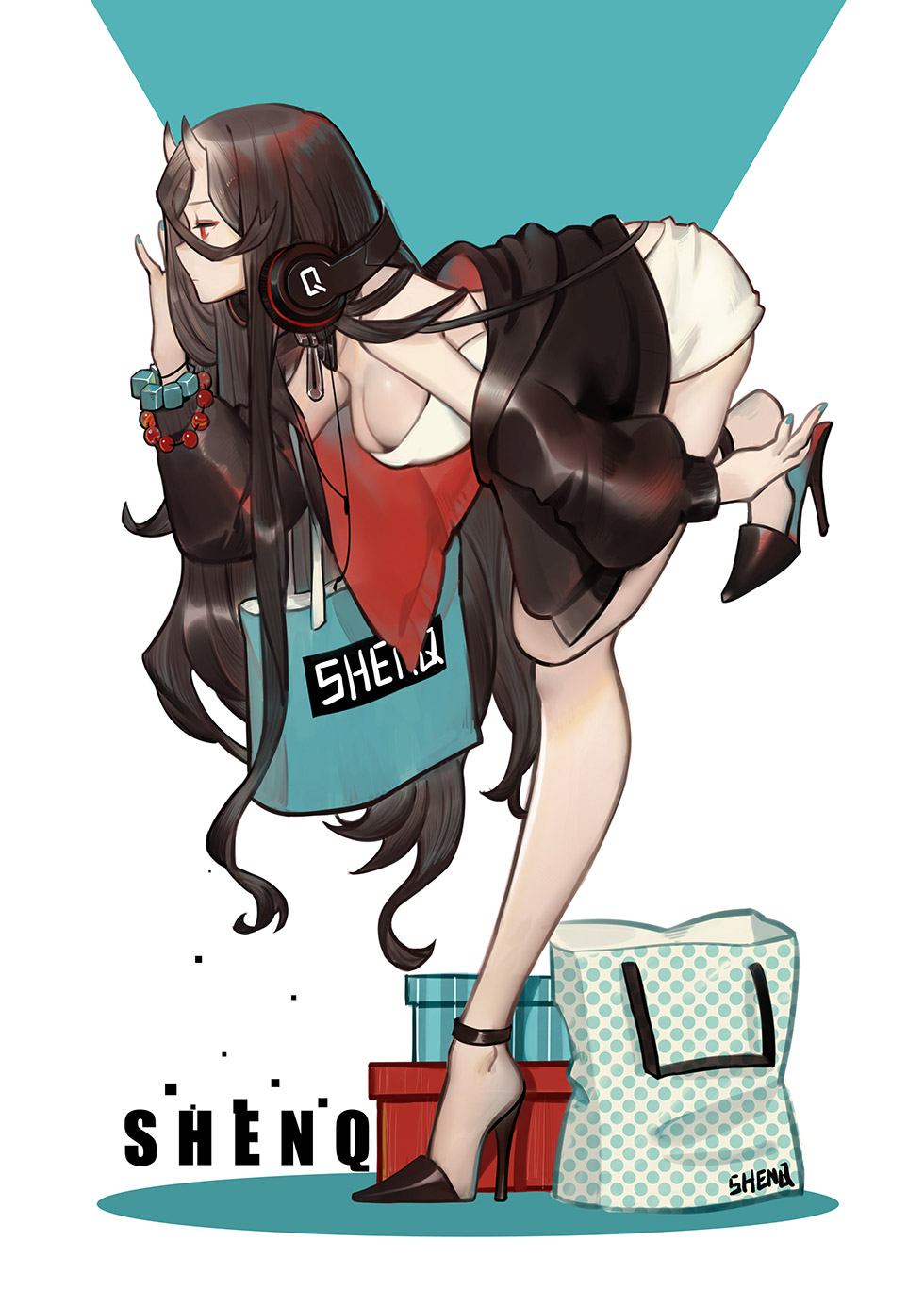 alternate_costume artist_name bag battleship_hime black_footwear black_hair black_jacket blouse breasts commentary_request headphones headphones_around_neck high_heels highres horns jacket kantai_collection large_breasts long_hair messy_hair pale_skin red_eyes shenq shinkaisei-kan shoes shopping_bag solo standing standing_on_one_leg white_blouse