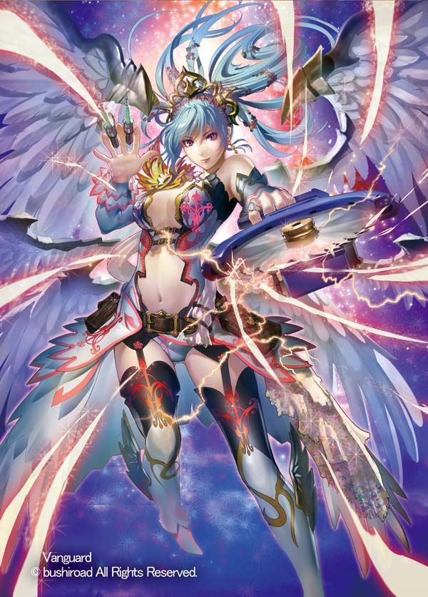 bare_shoulders blue_hair boots cardfight!!_vanguard center_opening circular_saw circular_saw_kiriel company_name copyright_name feathered_wings midriff momose_hisashi navel official_art purple_eyes solo sparkle syringe thighhighs tiara wings