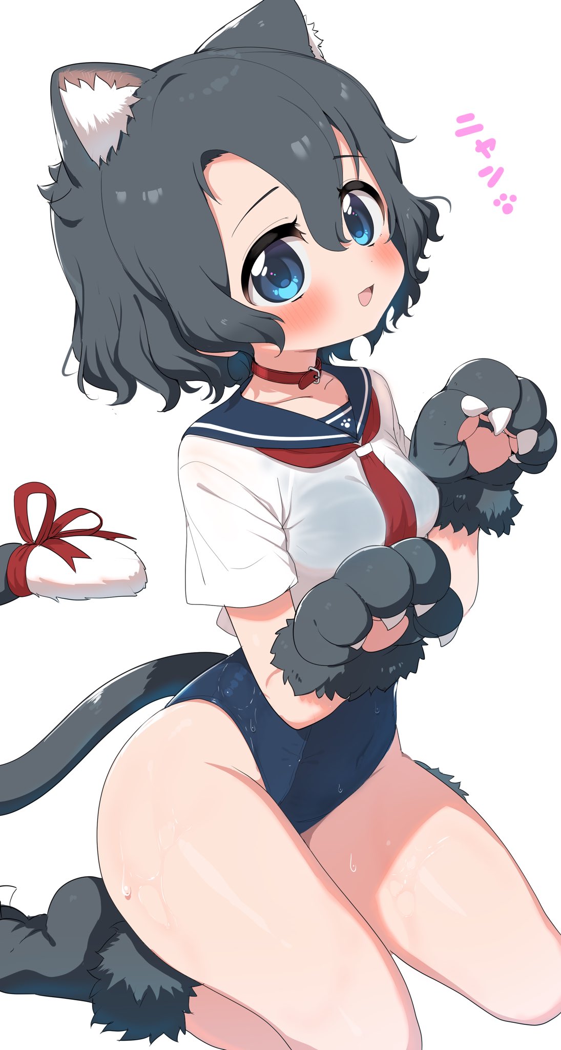 1girl animal_ear_fluff animal_ears animal_hands animal_shoes black_fur black_hair blue_eyes blue_one-piece_swimsuit blush cat_ears cat_girl cat_paws cat_tail choker commentary covered_navel dot_nose double-parted_bangs gloves head_tilt highres kaban_(kemono_friends) kemono_friends looking_at_viewer neckerchief one-piece_swimsuit open_mouth paw_gloves paw_pose ransusan red_choker red_neckerchief red_ribbon ribbon school_uniform see-through see-through_shirt serafuku shirt short_hair short_sleeves simple_background sitting solo swimsuit tail tail_ornament tail_ribbon thighs translated wariza wavy_hair wet white_background white_shirt