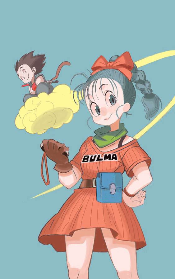 1boy 1girl belt black_hair blue_eyes blue_hair brown_belt brown_gloves bulma dragon_ball dragon_ball_(classic) gloves monkey_tail single_glove smile son_goku tail yuuki_(irodo_rhythm)