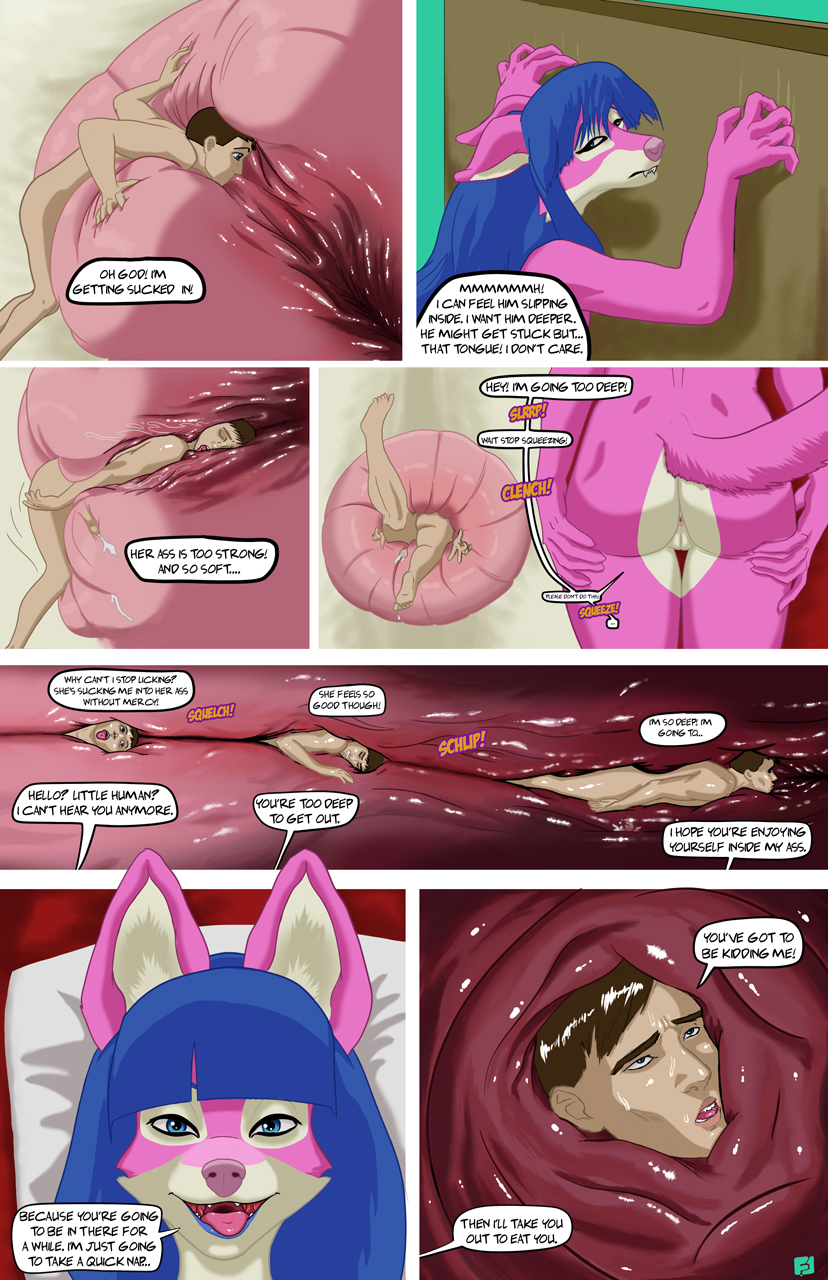 anal anal_vore anthro anus bite biting_lip blue_hair bodily_fluids butt canid canine comic cum cum_in_ass cum_inside duo ejaculation english_text extreme_size_difference female fox friskydingo33 genital_fluids genitals hair hi_res human internal macro male male/female mammal micro onomatopoeia pink_body pussy rear_view size_difference slime sound_effects text threatening_vore vore zoey_(friskydingo33)