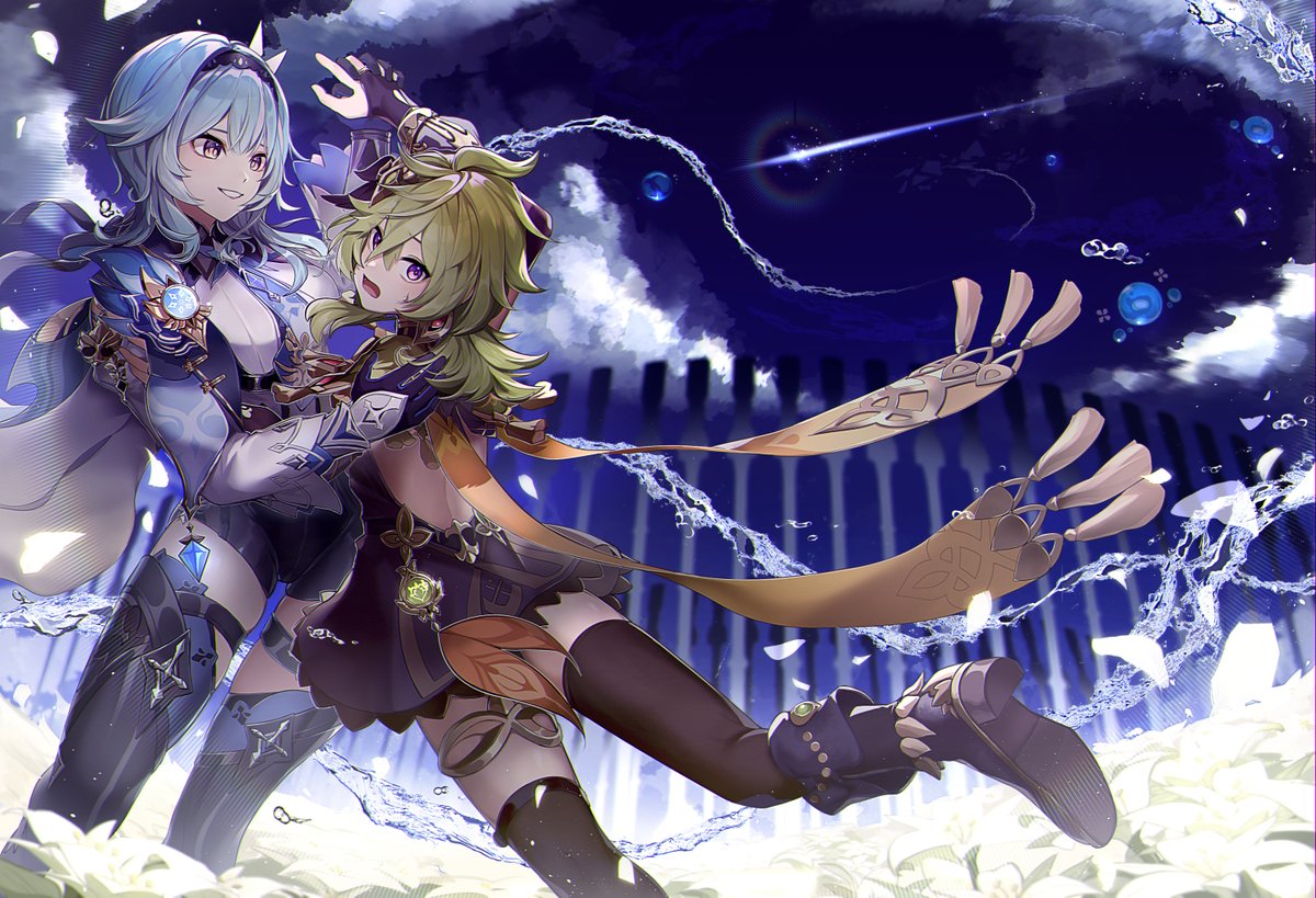 2girls backless_outfit black_gloves black_thighhighs blue_hair boots breasts bridal_gauntlets capelet chest_harness cloud collei_(genshin_impact) comet dancing eula_(genshin_impact) feet_out_of_frame field flower flower_field foot_out_of_frame genshin_impact gloves green_hair hand_on_another's_hip harness holding_hands hydro_eidolon_(genshin_impact) interlocked_fingers kamino_eru long_sleeves medium_hair multiple_girls purple_eyes sky sweatdrop thighhighs tripping vision_(genshin_impact) water