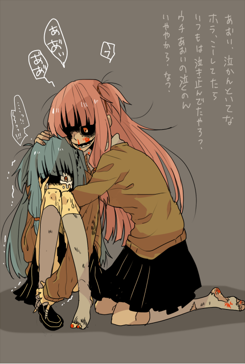 2girls alternate_costume bandaged_fingers bandages black_sclera black_skirt bleeding blood blood_from_eyes blood_on_face blue_hair brown_sweater colored_sclera comforting commentary_request crying crying_with_eyes_open forced_hug gonzui_(fukazume) grey_background grey_socks hug kneehighs knees_to_chest knees_up kotonoha_akane kotonoha_aoi loafers long_hair long_sleeves multiple_girls nosebleed one_side_up open_mouth pink_hair pleated_skirt red_eyes scared shaded_face shoes siblings simple_background single_shoe sisters skirt smile socks speech_bubble sweater tears torn_clothes torn_socks translation_request trembling voiceroid wide-eyed zombie