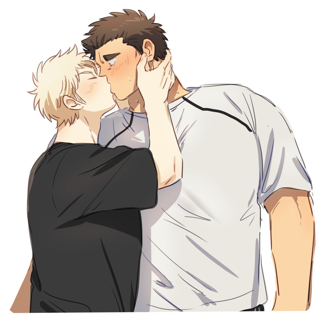 2boys ace_of_diamond bara black_hair blonde_hair blush closed_eyes couple hands_on_another's_head harada_masatoshi height_difference kiss looking_at_another male_focus multiple_boys narumiya_mei nikame short_hair simple_background size_difference sweatdrop upper_body white_background yaoi