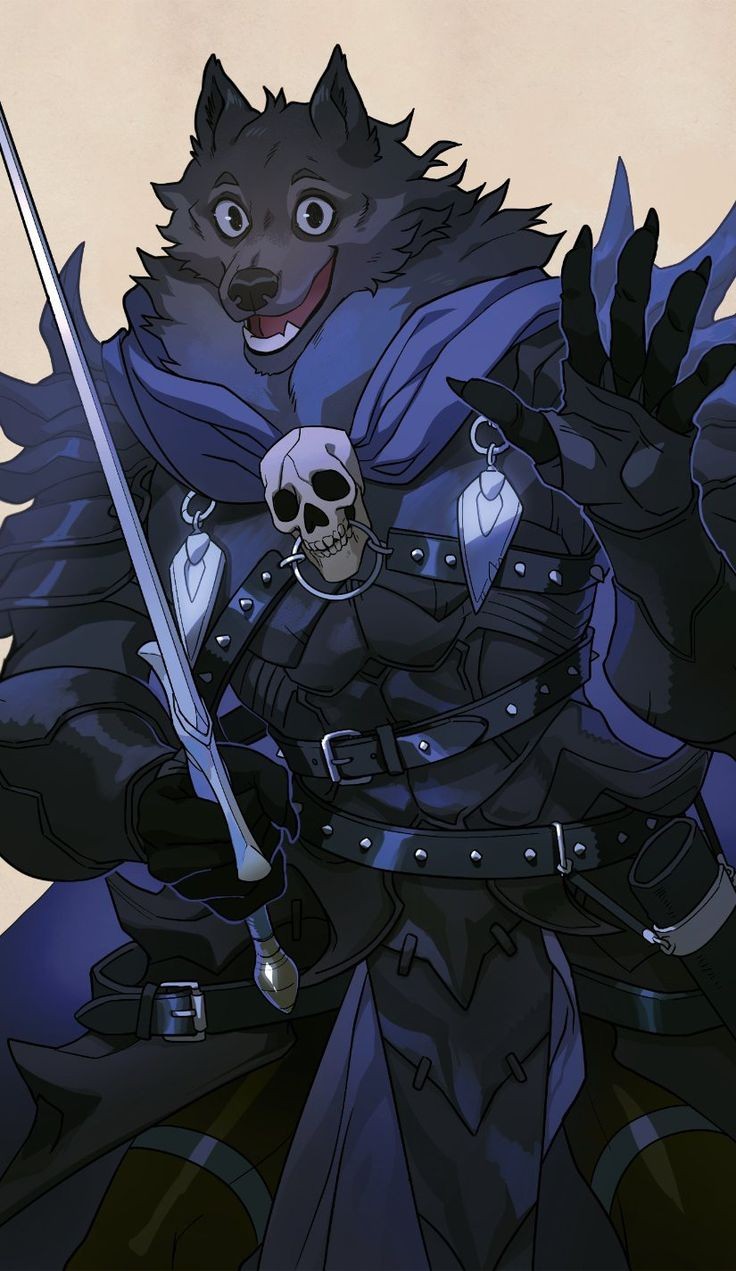 animal_humanoid anthro bone canid canid_humanoid canine canine_humanoid canis domestic_dog fur grey_body grey_fur happy hi_res humanoid knight male male/male mammal mammal_humanoid melee_weapon skull solo sword unknown_artist warrior weapon wolf wolf_humanoid