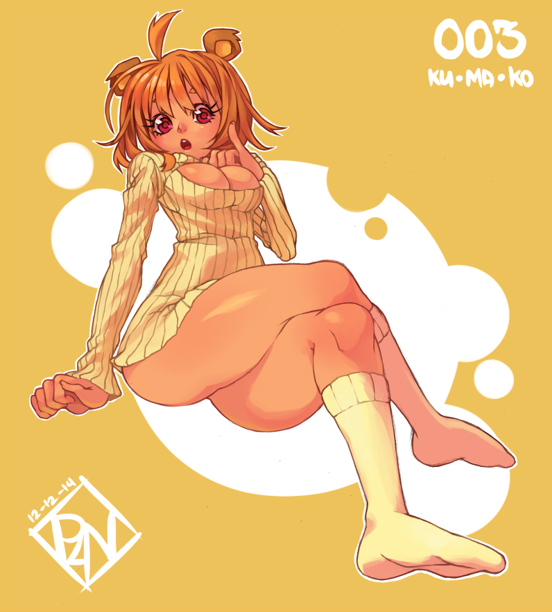 :o ahoge animal_ears bear_ears blonde_hair breasts cleavage crossed_legs full_body kumako long_sleeves medium_breasts meme_attire no_shoes open-chest_sweater open_mouth original pinky_out poch4n red_eyes short_hair sitting socks sweater thick_thighs thighs yellow yellow_background