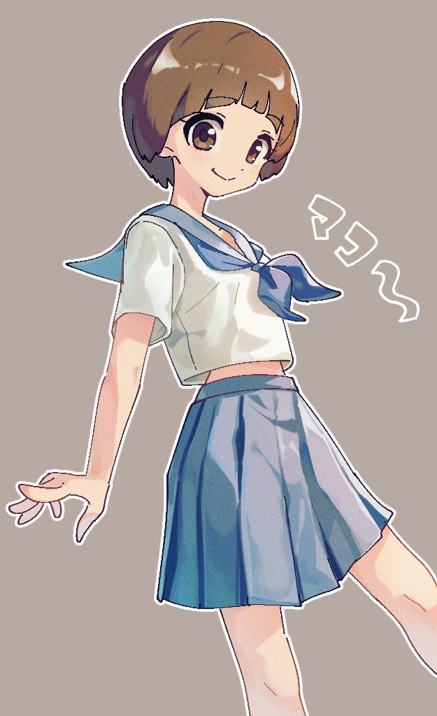 1girl blue_neckerchief blue_sailor_collar blue_skirt brown_eyes brown_hair grey_background kill_la_kill looking_at_viewer mankanshoku_mako neckerchief nzeneee pleated_skirt sailor_collar school_uniform serafuku short_hair short_sleeves simple_background skirt smile solo