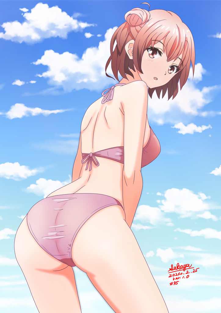 1girl ass bikini blue_sky breasts cloud dated from_behind hair_bun looking_at_viewer looking_back medium_breasts pink_bikini pink_hair red_eyes sakayaya short_hair signature simple_background single_hair_bun single_side_bun sky solo swimsuit white_background yahari_ore_no_seishun_lovecome_wa_machigatteiru. yuigahama_yui