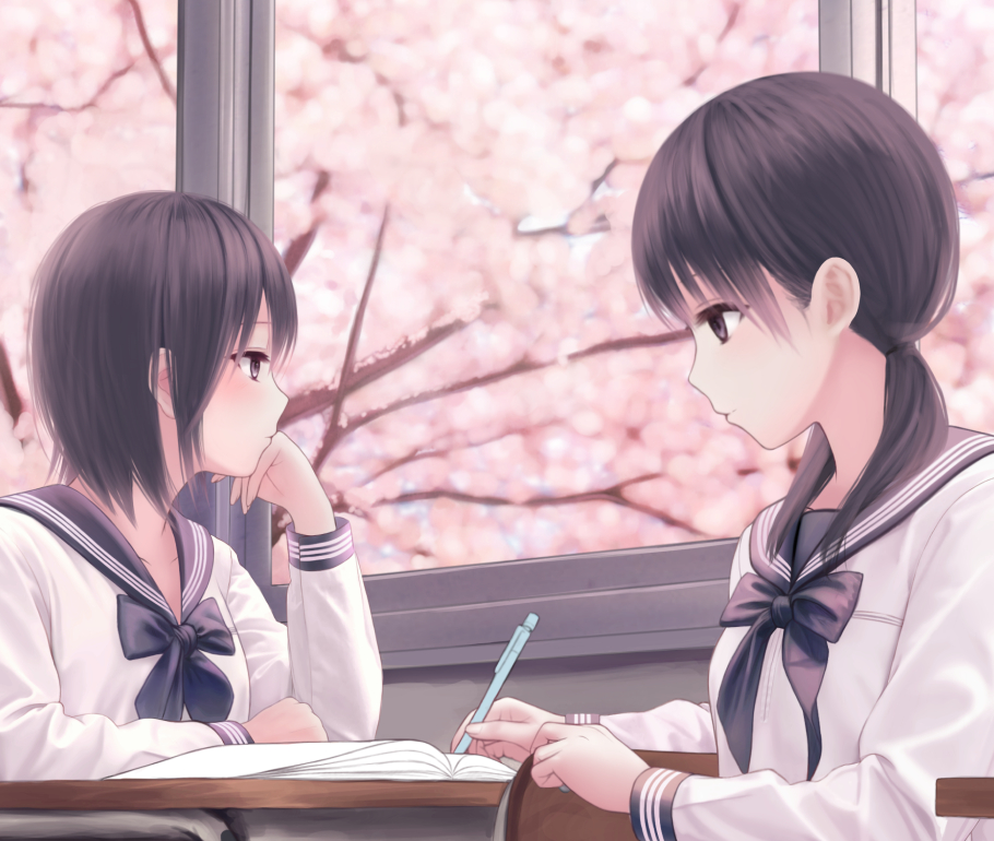 2girls black_hair black_serafuku cherry_blossoms desk holding holding_pencil long_sleeves low_twintails mechanical_pencil mizuno-go multiple_girls neckerchief notebook original paper pencil sailor_collar school_uniform serafuku shirt short_hair studying twintails white_shirt writing