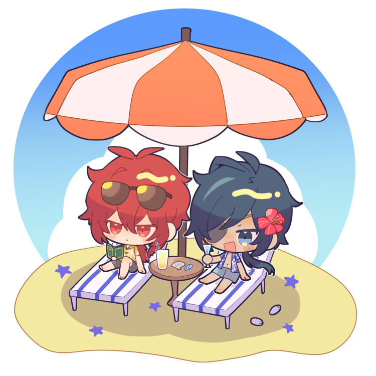 2boys :&lt; :d antenna_hair beach_chair beach_umbrella black_shorts blue_eyes blue_hair blue_shirt blue_sky blush blush_stickers book chair chibi closed_mouth cloud collared_shirt commentary_request crossed_bangs cup dark-skinned_male dark_skin day diluc_(genshin_impact) drinking_glass drinking_straw eyepatch eyewear_on_head flip-flops floral_print flower frown genshin_impact grey_shorts hair_between_eyes hair_flower hair_intakes hair_ornament hawaiian_shirt hibiscus holding holding_book holding_cup kaeya_(genshin_impact) koma_(km_mmmk) long_hair low_ponytail male_focus multicolored_hair multiple_boys navel on_chair one_eye_covered open_book open_clothes open_mouth open_shirt orange_shirt outdoors palm_tree_print parted_bangs ponytail print_shirt red_eyes red_flower red_hair sand sandals seashell shade shell shirt short_sleeves shorts sidelocks simple_background sitting sky smile star_(symbol) starfish streaked_hair sunglasses swept_bangs table tropical_drink umbrella unworn_sandals white_background white_footwear