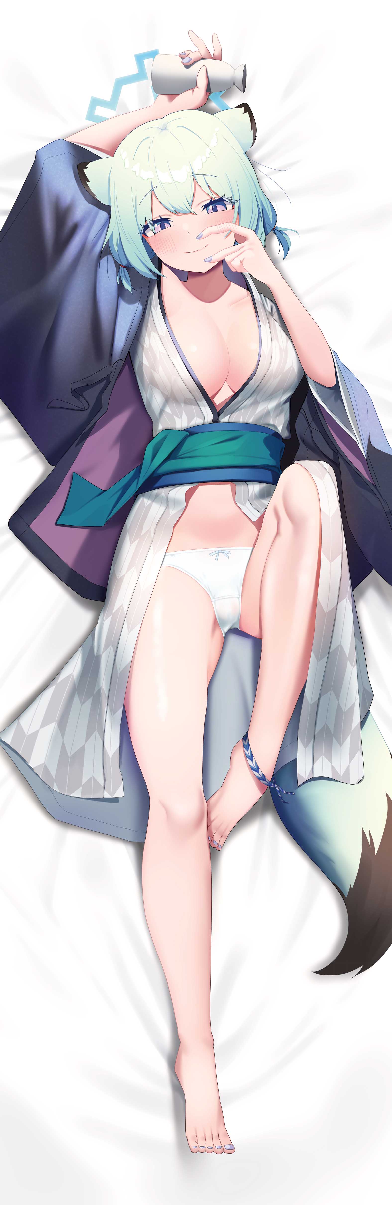 1girl absurdres akinoji_(akiponpon27) animal_ears aqua_hair aqua_nails barefoot bath_yukata bed_sheet blue_archive blue_halo bottle breasts closed_mouth commentary_request dakimakura_(medium) fingernails full_body hair_between_eyes halo haori highres holding holding_bottle japanese_clothes kimono large_breasts leg_up long_sleeves looking_at_viewer nail_polish obi on_bed panties purple_eyes sake_bottle sash shigure_(blue_archive) shigure_(hot_spring)_(blue_archive) smile solo tail underwear weasel_ears weasel_girl weasel_tail white_panties wide_sleeves yukata