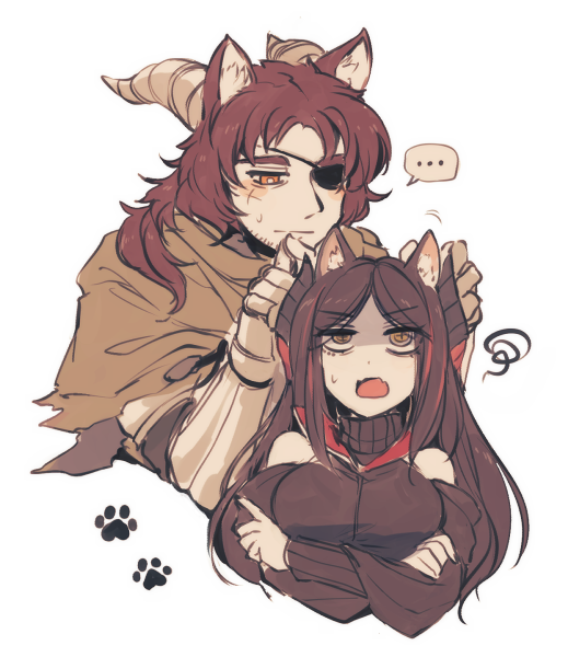 +_+ 1boy 1girl adjusting_hair arknights bare_shoulders black_hair black_sweater brown_shawl cat_boy cat_girl closed_mouth cropped_torso crossed_arms eyepatch fang gloves hetero hoederer_(arknights) horns ines_(arknights) kemonomimi_mode lari_lab looking_at_another looking_at_viewer multicolored_hair open_mouth parted_bangs paw_print red_hair ribbed_sweater shaded_face shawl simple_background skin_fang smile square_mouth squiggle streaked_hair sweatdrop sweater turtleneck turtleneck_sweater white_background white_gloves yellow_eyes