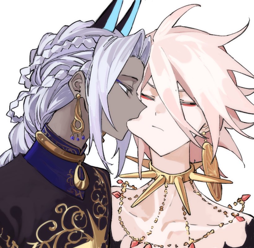 2boys arjuna_(fate) arjuna_alter_(fate) biting blue_eyeshadow brothers brown_eyes cheek_biting closed_eyes closed_mouth collar collarbone colored_skin dark-skinned_male dark_skin earrings eyeliner eyeshadow fate/grand_order fate_(series) hair_between_eyes hair_intakes indian_clothes jewelry karna_(fate) long_hair makeup male_focus multiple_boys necklace pale_skin profile red_eyeliner short_hair siblings spiked_collar spikes upper_body white_background white_hair white_skin yeguangmusi